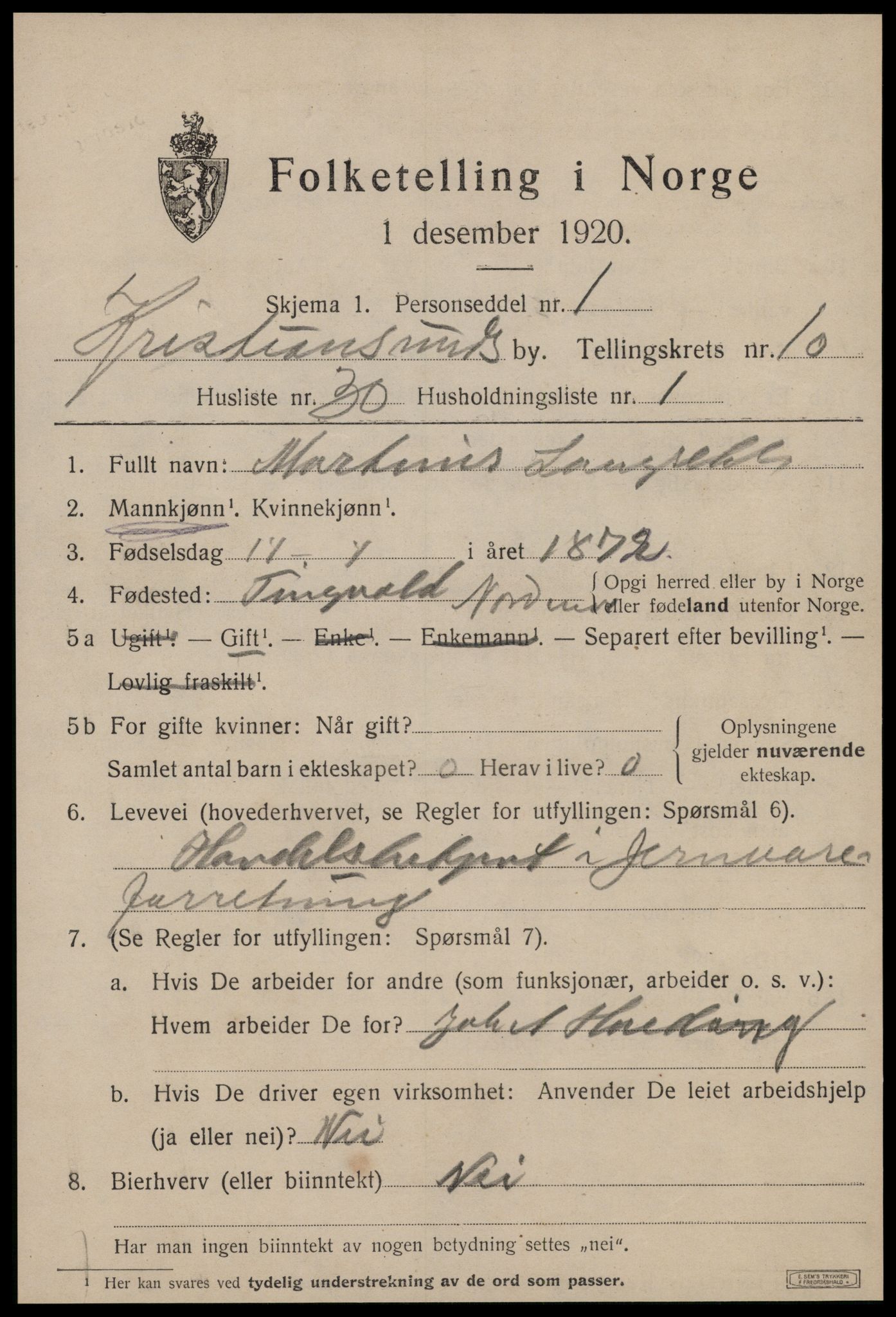 SAT, 1920 census for Kristiansund, 1920, p. 23559