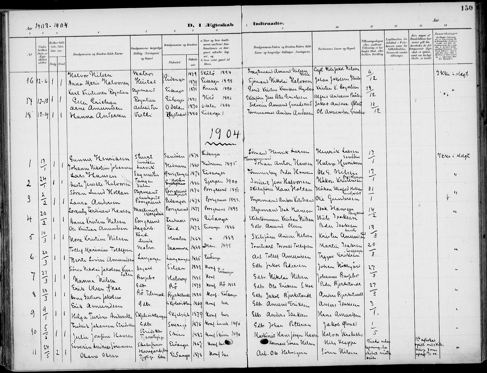 Eidanger kirkebøker, AV/SAKO-A-261/F/Fa/L0013: Parish register (official) no. 13, 1900-1913, p. 150