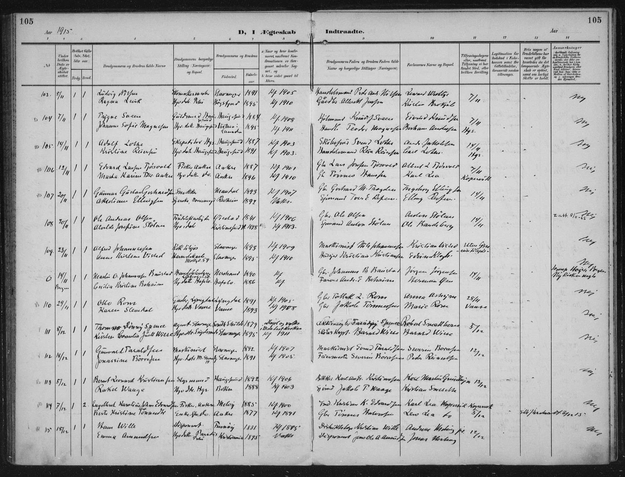 Domkirken sokneprestkontor, SAST/A-101812/002/A/L0016: Parish register (official) no. A 33, 1905-1922, p. 105