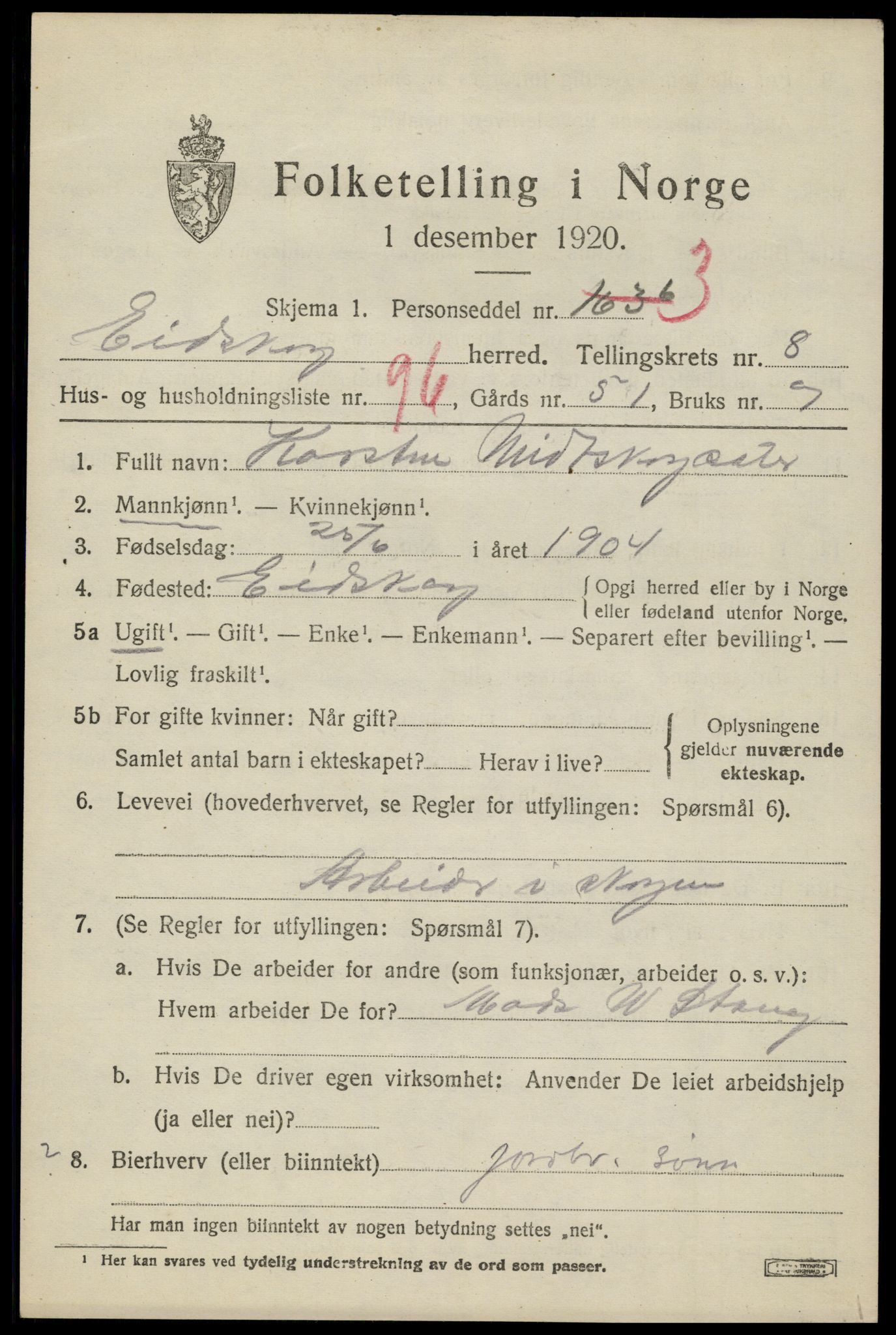 SAH, 1920 census for Eidskog, 1920, p. 10005