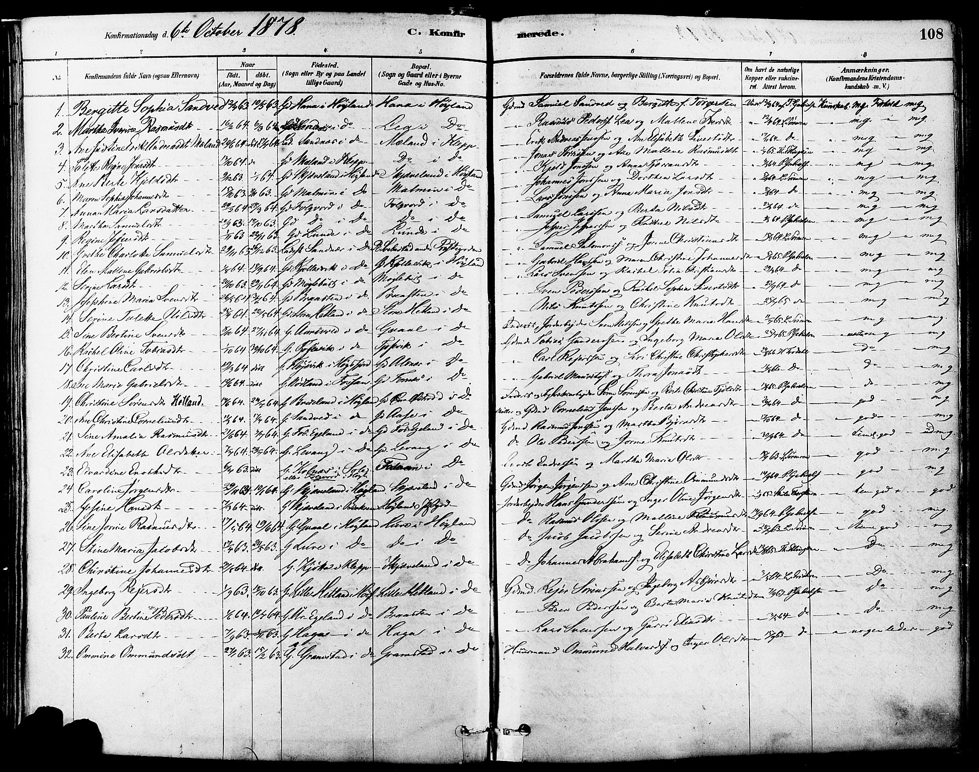 Høyland sokneprestkontor, SAST/A-101799/001/30BA/L0011: Parish register (official) no. A 10, 1878-1888, p. 108