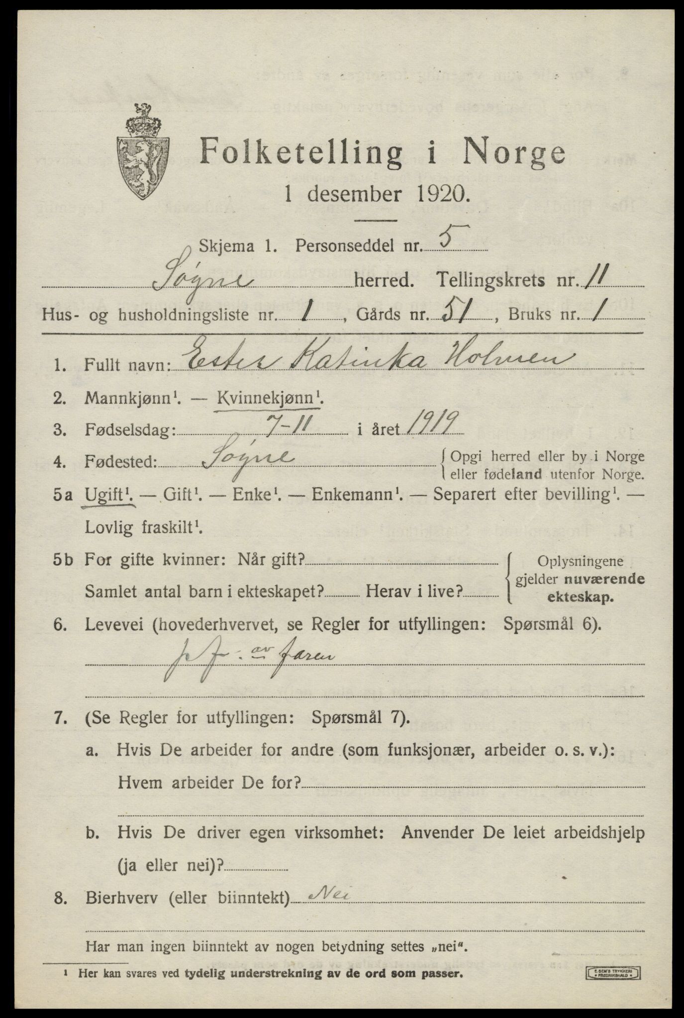 SAK, 1920 census for Søgne, 1920, p. 5607