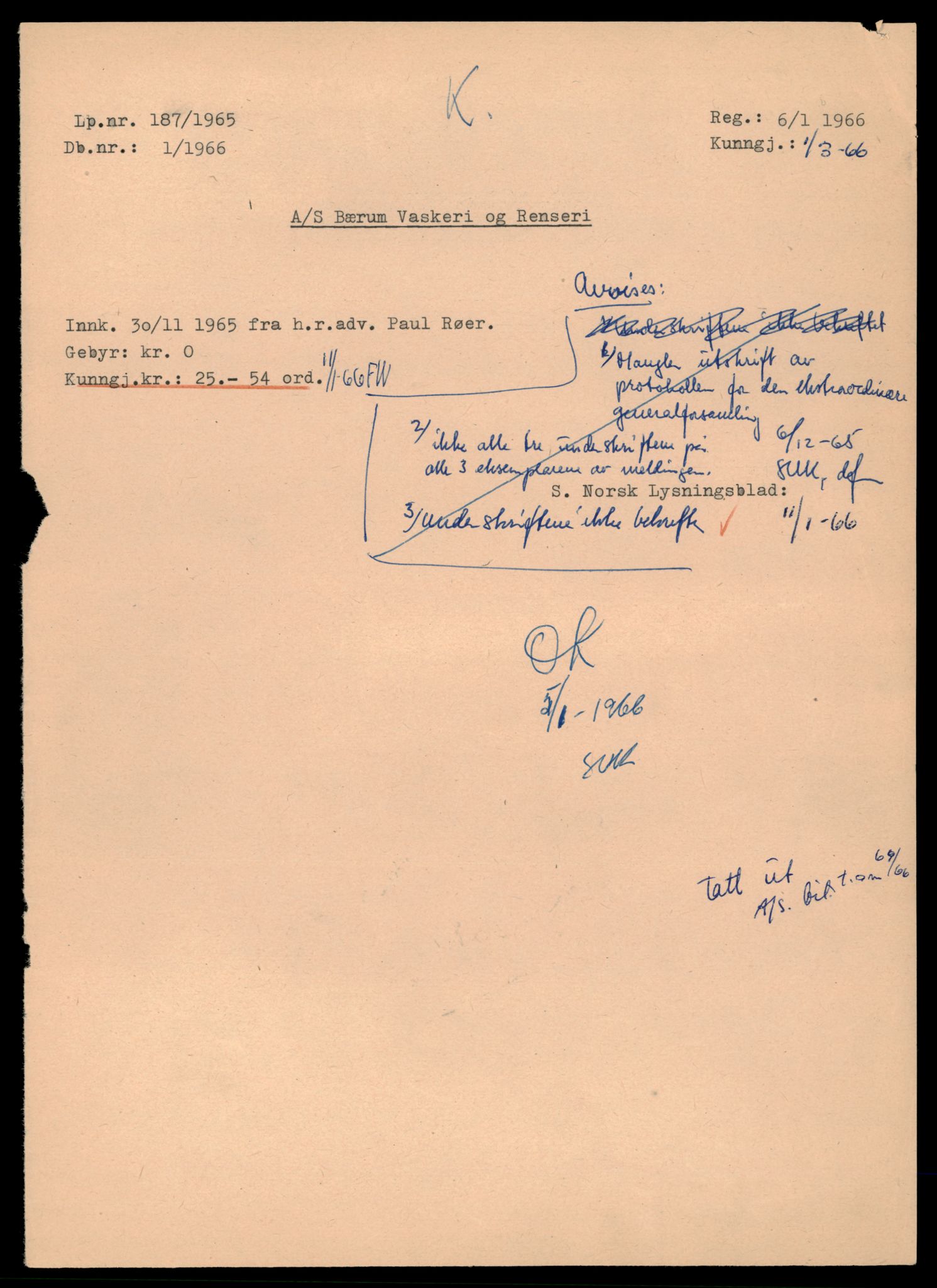 Asker og Bærum tingrett, AV/SAT-A-10379/K/Kb/Kba/L0090: Enkeltmannsforetak, aksjeselskap og andelslag, slettet i Østre Bærum dagboknr. 1/1966 - 199/1966, 1966, p. 1