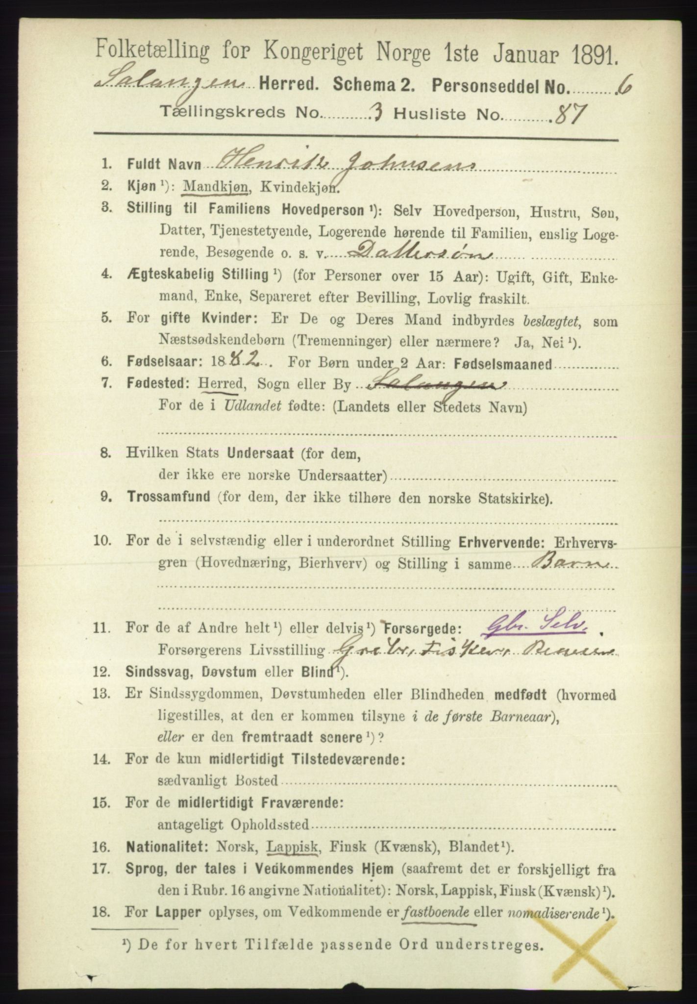 RA, 1891 census for 1921 Salangen, 1891, p. 1725