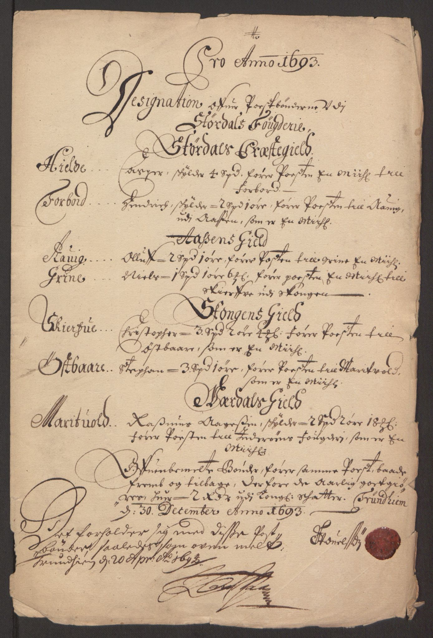 Rentekammeret inntil 1814, Reviderte regnskaper, Fogderegnskap, RA/EA-4092/R62/L4186: Fogderegnskap Stjørdal og Verdal, 1693-1694, p. 137