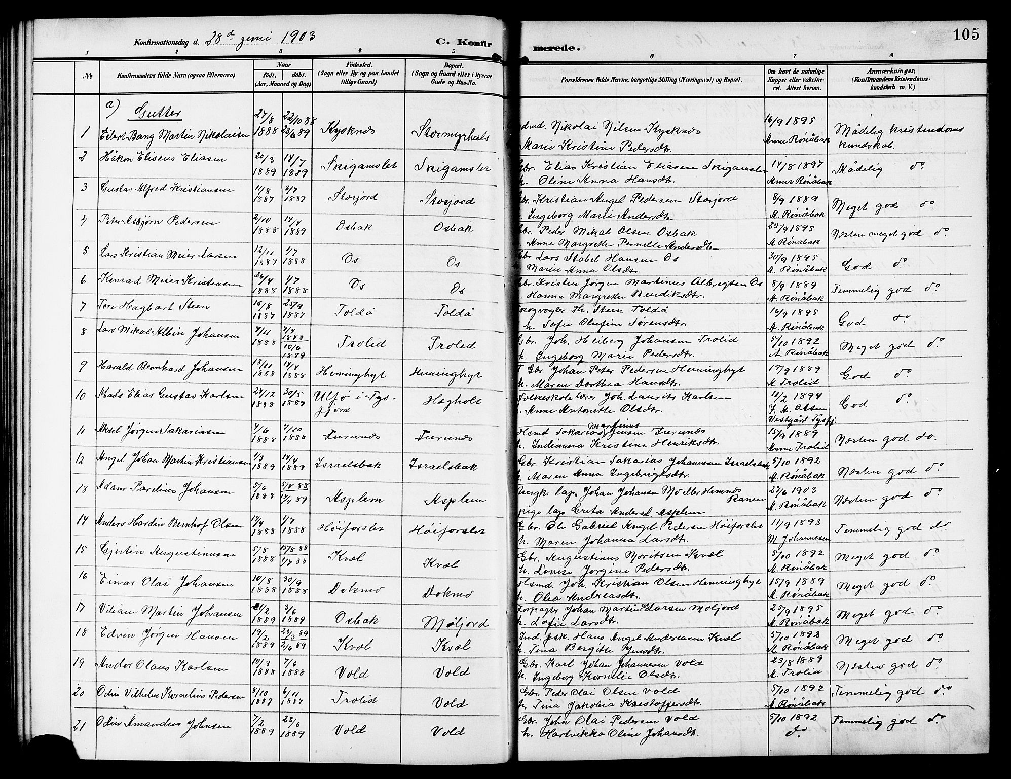 Ministerialprotokoller, klokkerbøker og fødselsregistre - Nordland, SAT/A-1459/846/L0655: Parish register (copy) no. 846C05, 1902-1916, p. 105