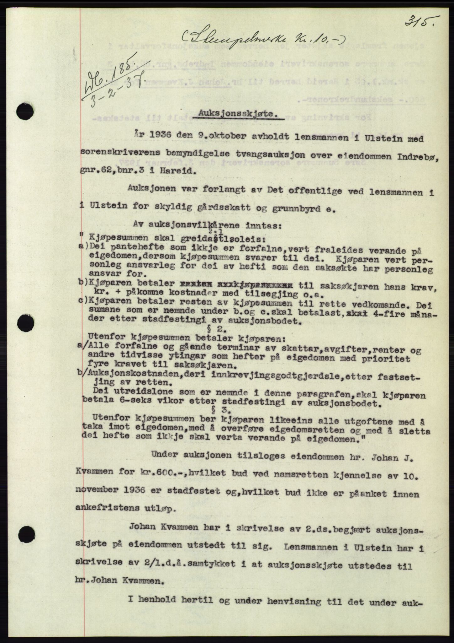 Søre Sunnmøre sorenskriveri, AV/SAT-A-4122/1/2/2C/L0062: Mortgage book no. 56, 1936-1937, Diary no: : 185/1937