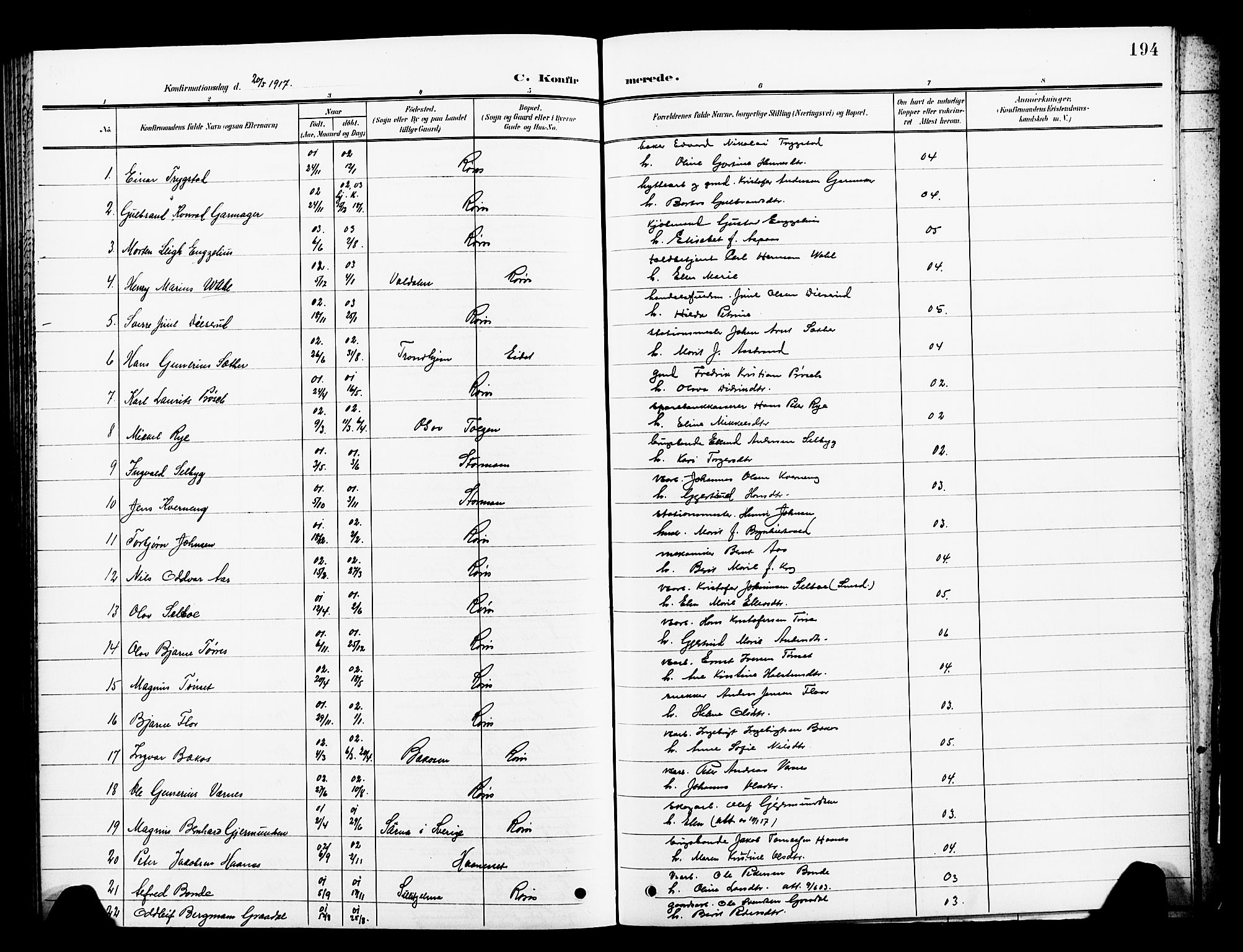 Ministerialprotokoller, klokkerbøker og fødselsregistre - Sør-Trøndelag, SAT/A-1456/681/L0942: Parish register (copy) no. 681C06, 1906-1925, p. 194