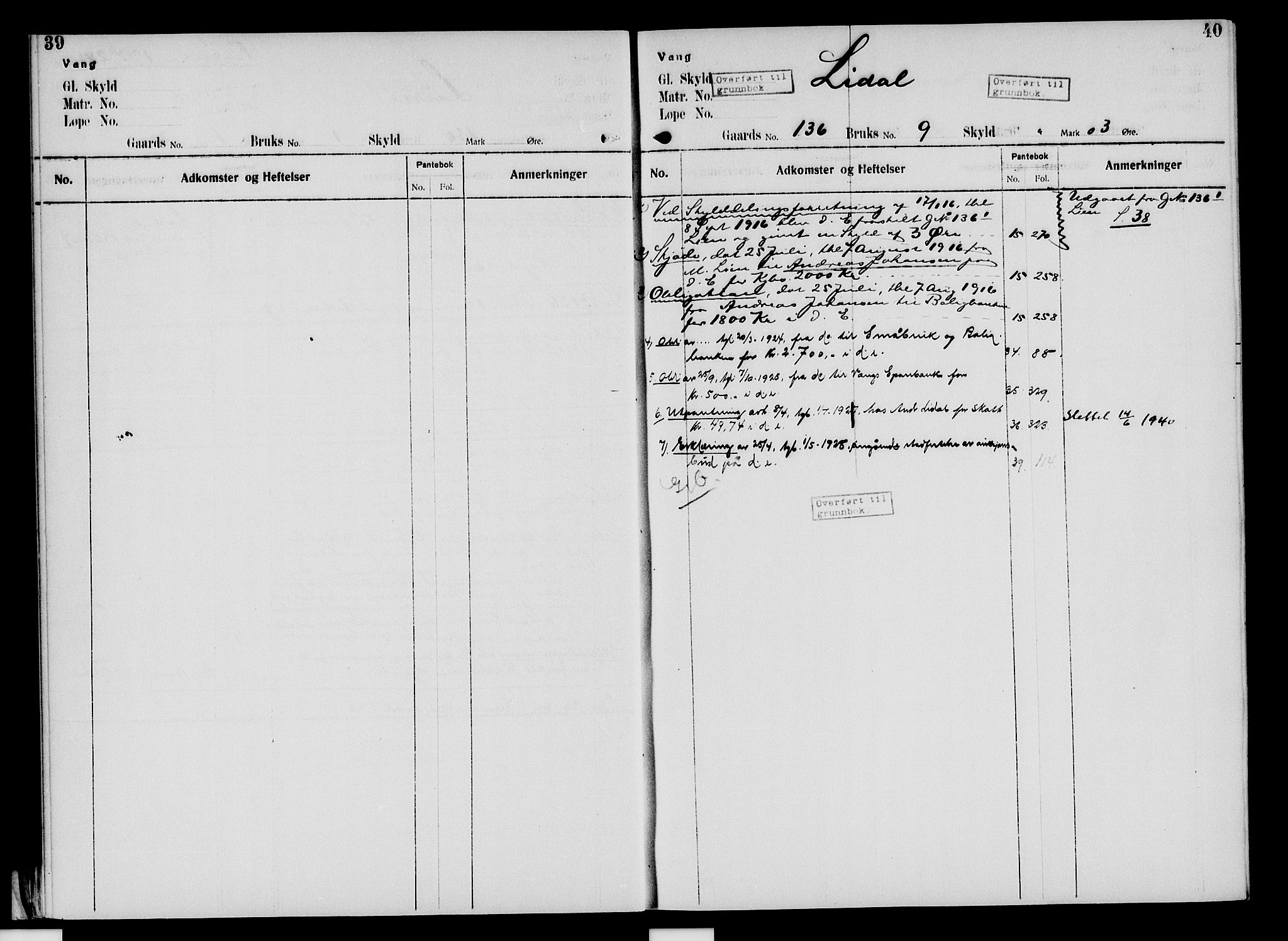 Nord-Hedmark sorenskriveri, SAH/TING-012/H/Ha/Had/Hade/L0005: Mortgage register no. 4.5, 1916-1940, p. 39-40