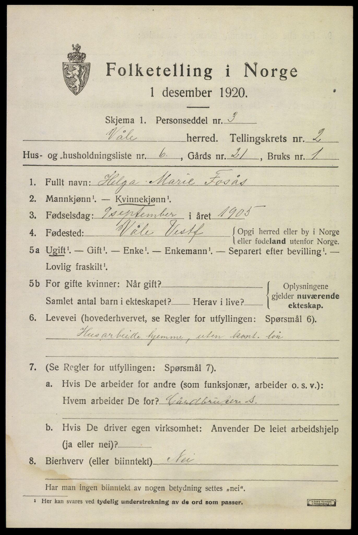 SAKO, 1920 census for Våle, 1920, p. 1962