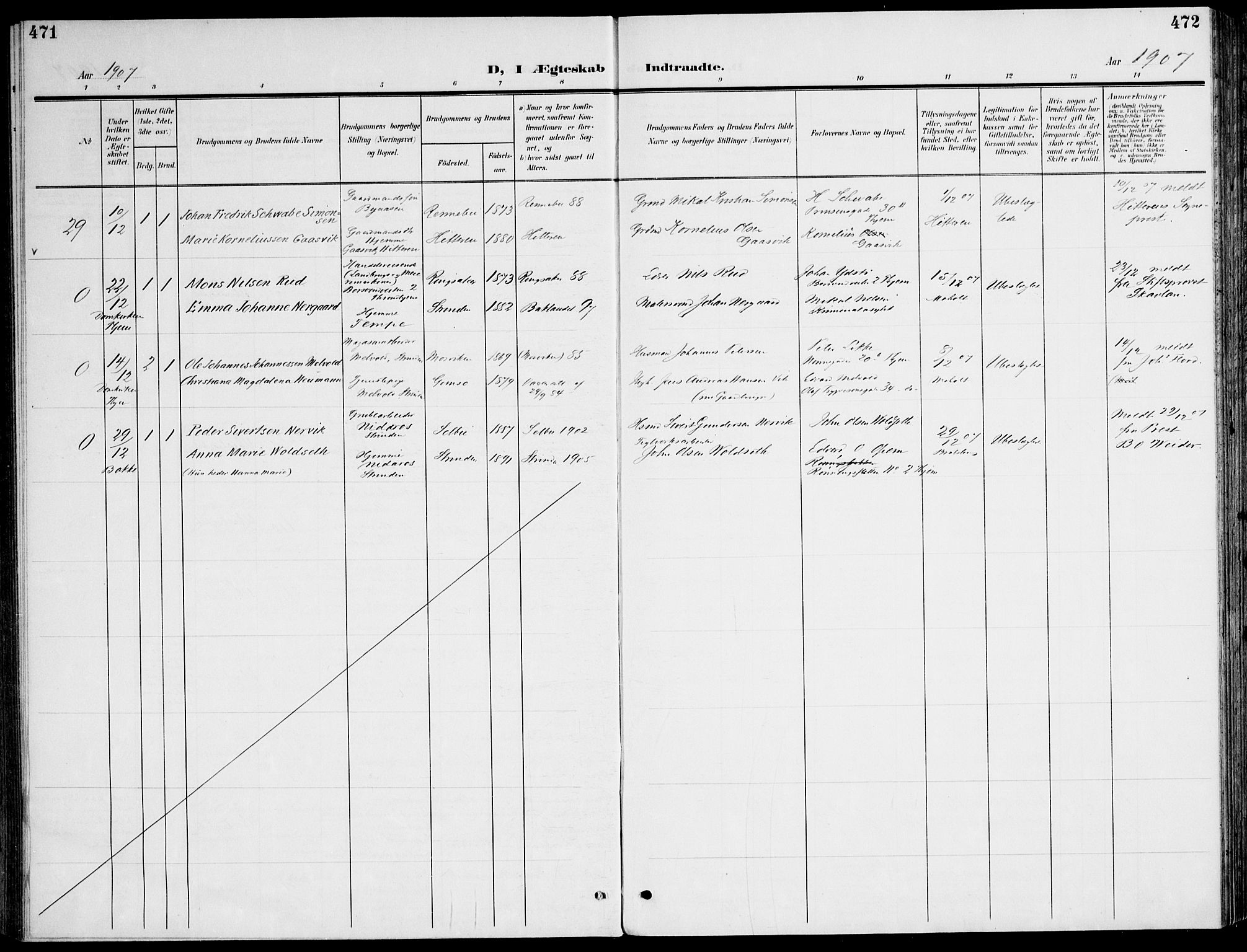 Ministerialprotokoller, klokkerbøker og fødselsregistre - Sør-Trøndelag, AV/SAT-A-1456/607/L0320: Parish register (official) no. 607A04, 1907-1915, p. 471-472