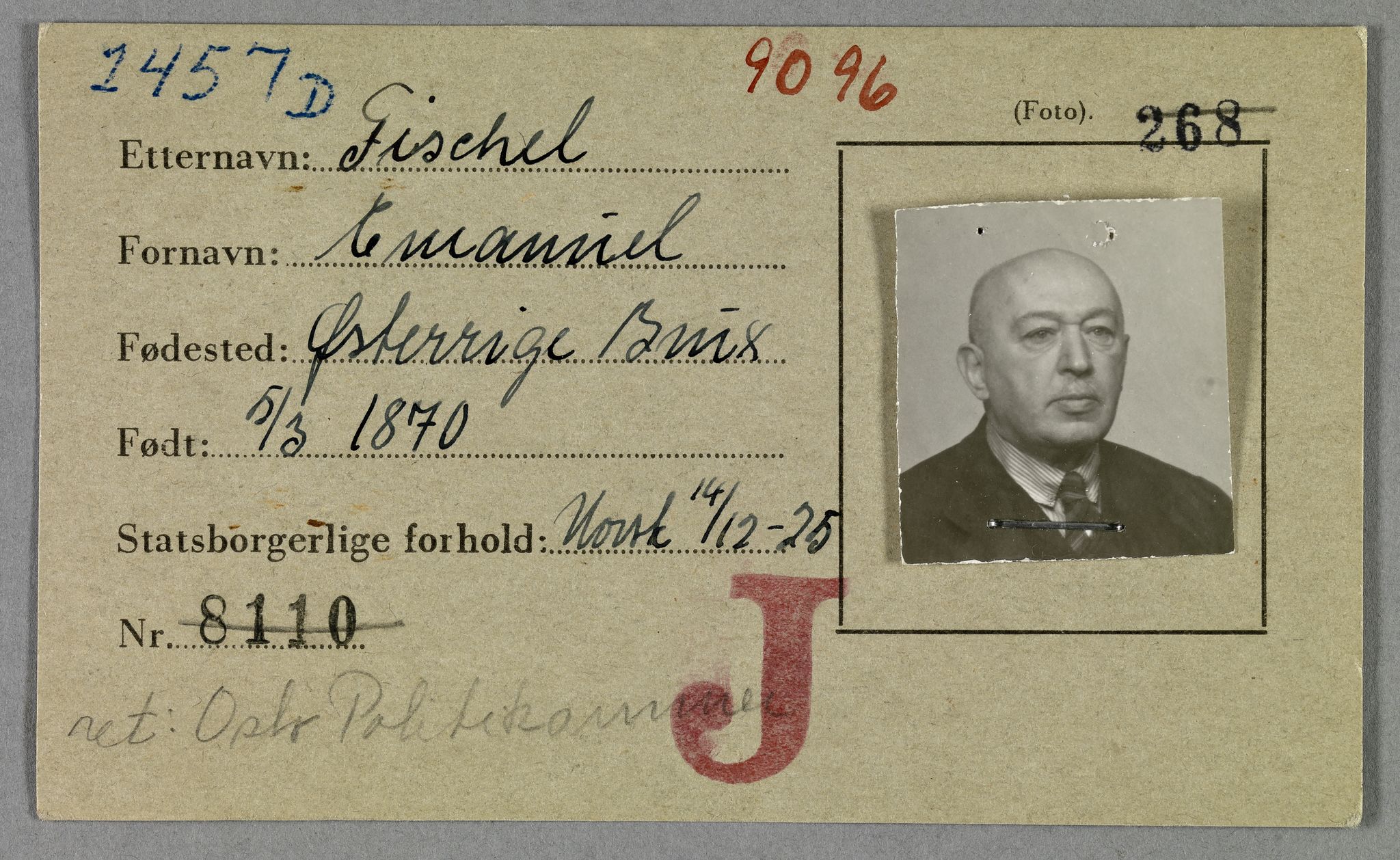 Sosialdepartementet, Våre Falne, RA/S-1708/E/Ee/L0021A: Fotografier av jøder på legitimasjonskort (1941-42), 1941-1942, p. 115