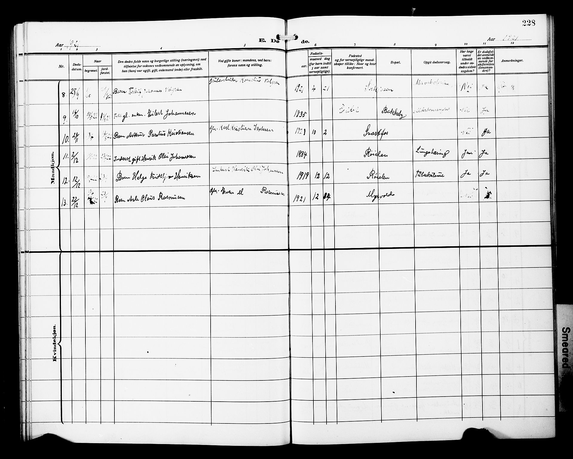 Skjervøy sokneprestkontor, AV/SATØ-S-1300/H/Ha/Hab/L0022klokker: Parish register (copy) no. 22, 1910-1926, p. 228