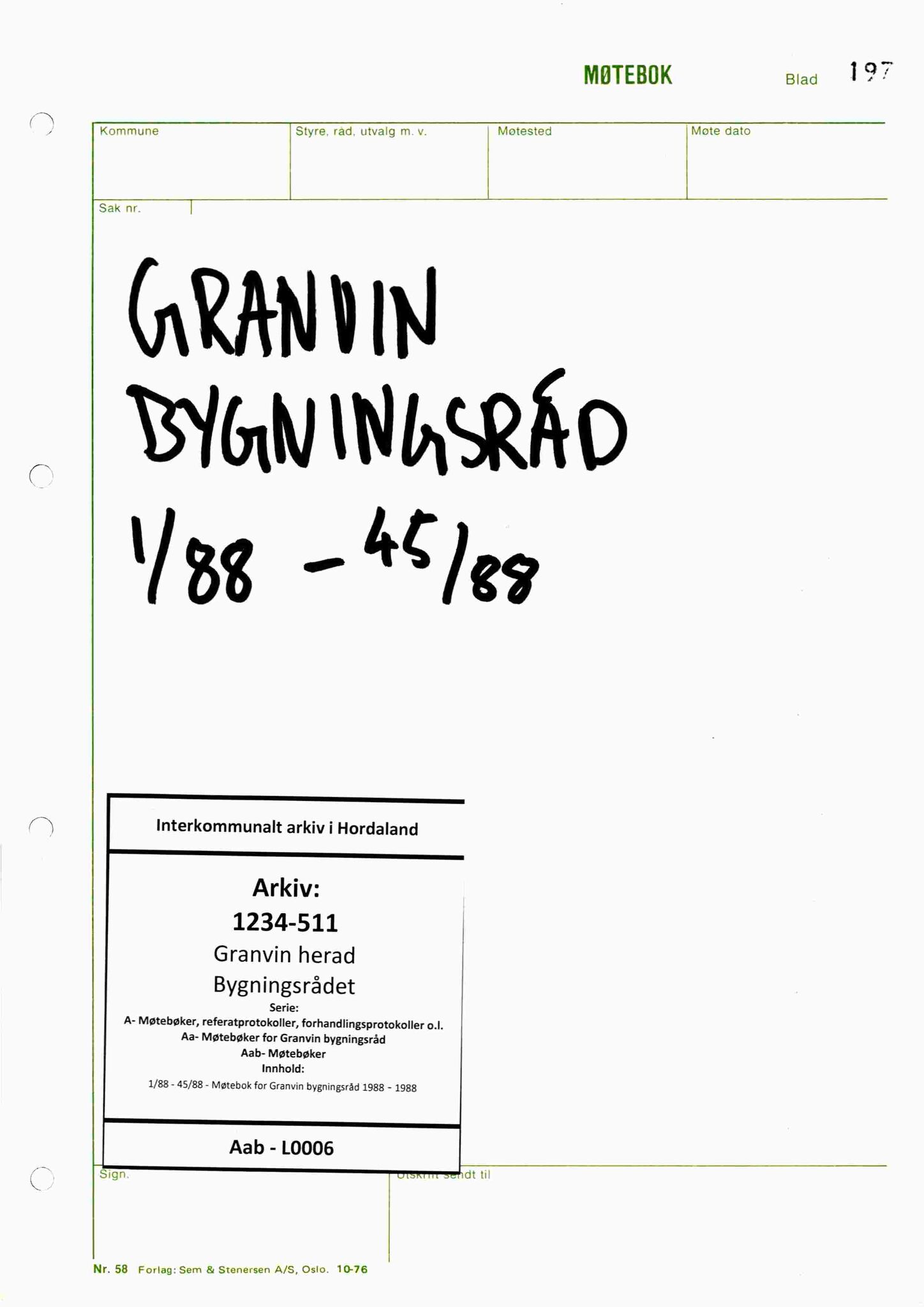 Granvin herad. Bygningsrådet, IKAH/1234-511/A/Aa/Aab/L0006: Møtebok for Granvin bygningsråd, 1988