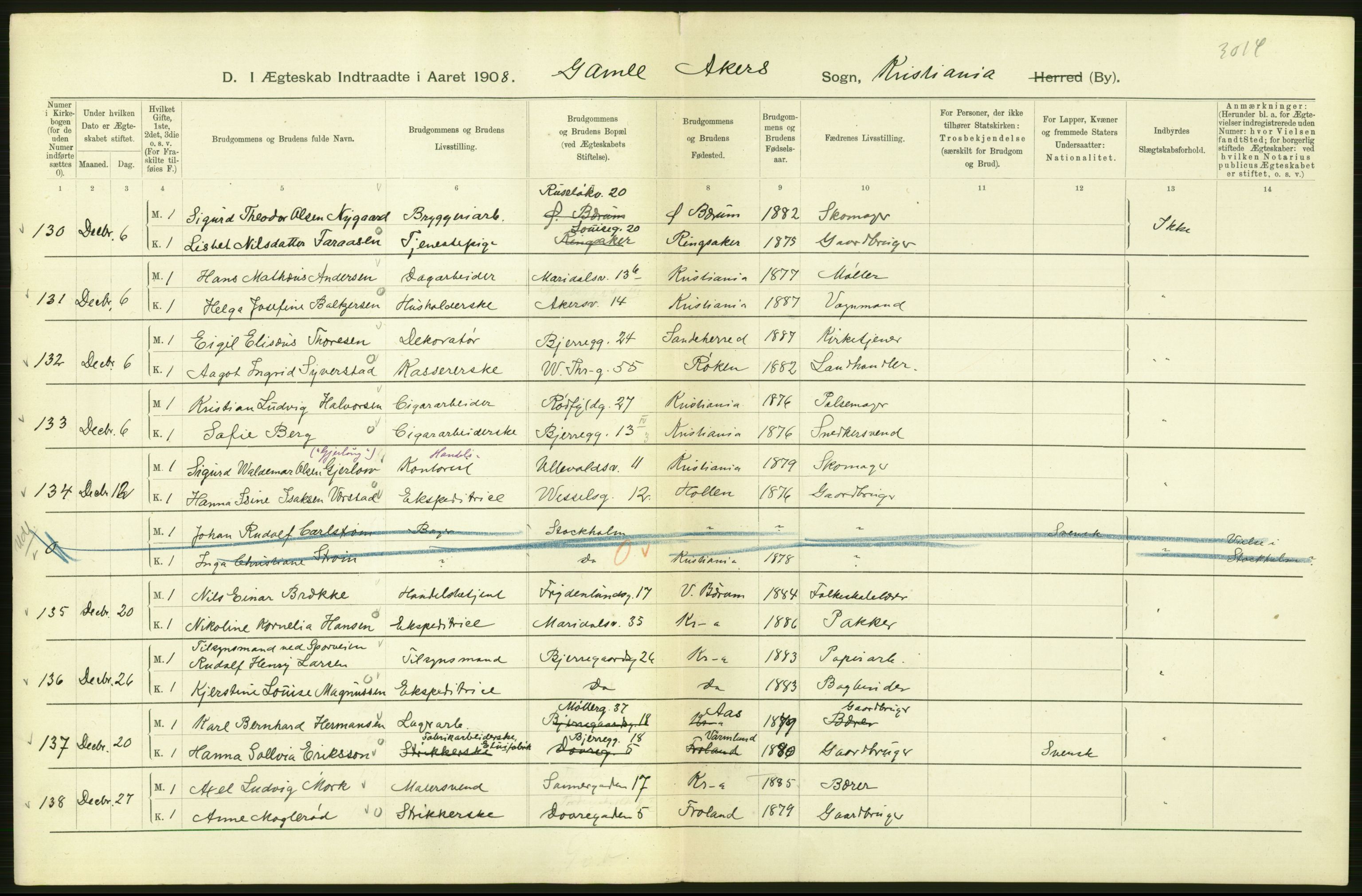 Statistisk sentralbyrå, Sosiodemografiske emner, Befolkning, AV/RA-S-2228/D/Df/Dfa/Dfaf/L0007: Kristiania: Gifte, 1908, p. 326