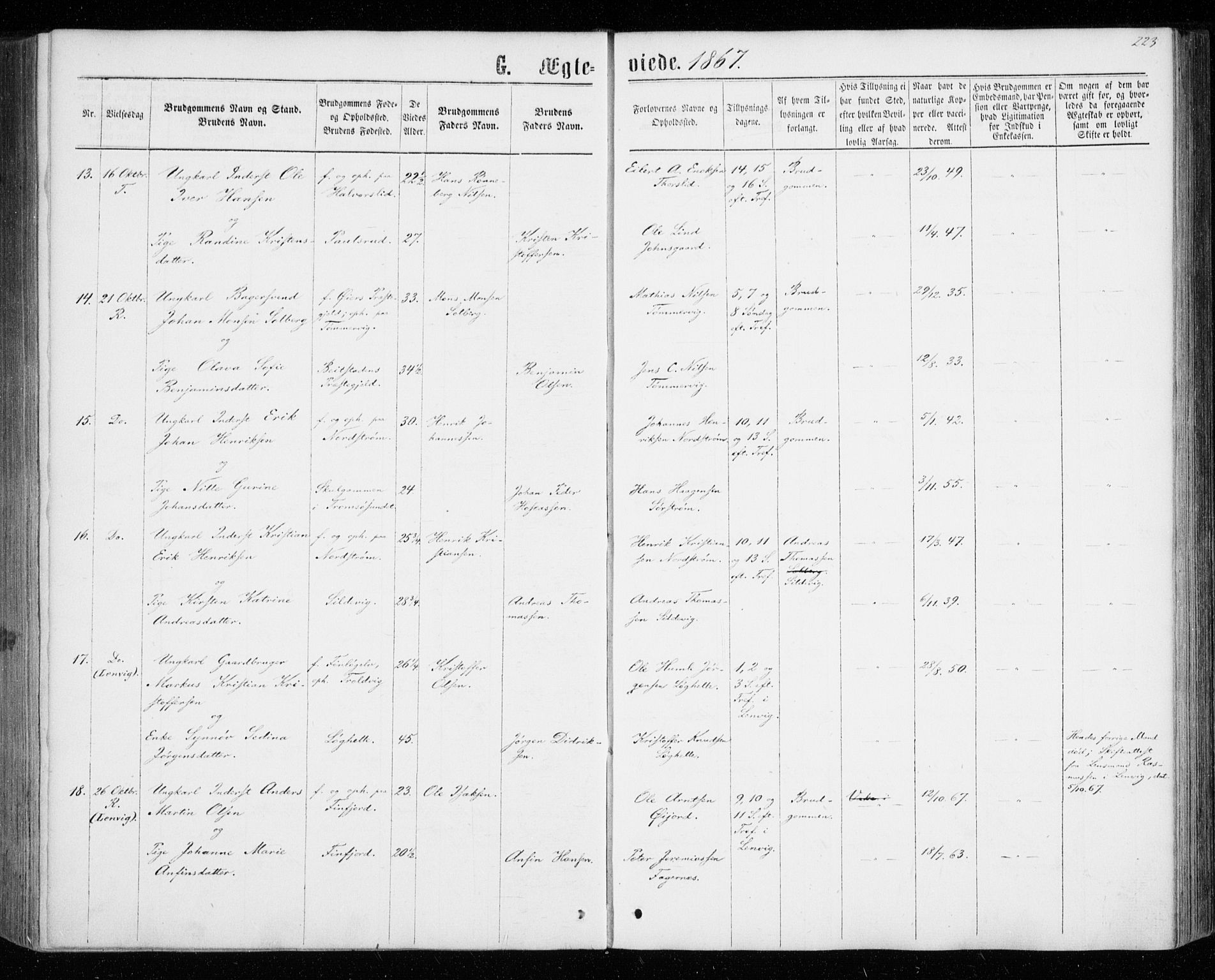Tranøy sokneprestkontor, AV/SATØ-S-1313/I/Ia/Iaa/L0008kirke: Parish register (official) no. 8, 1867-1877, p. 223