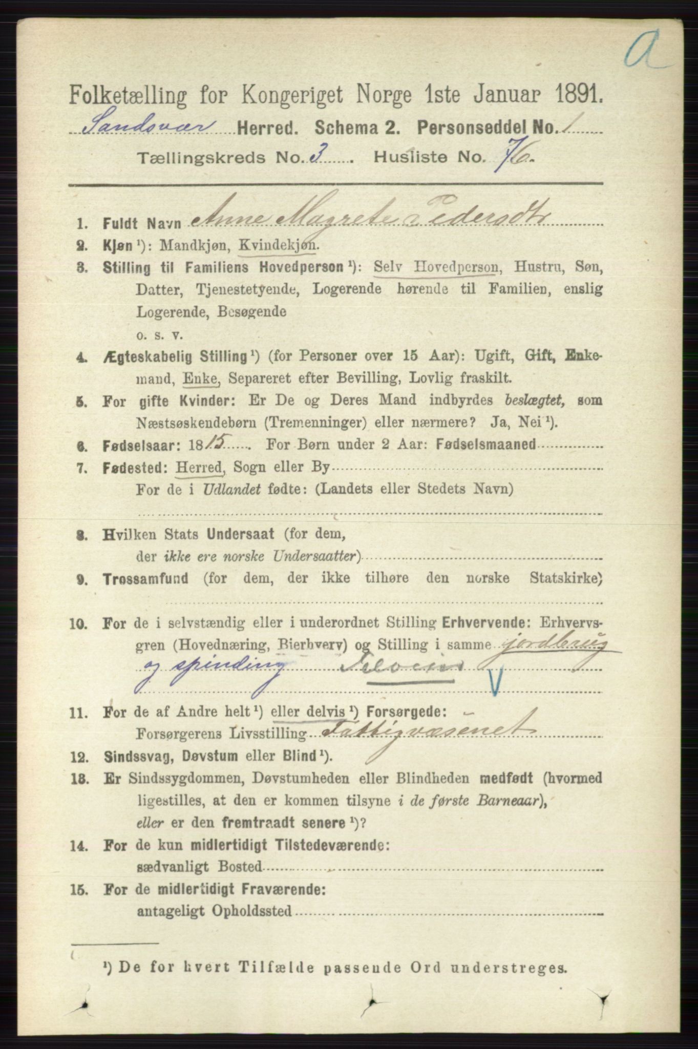 RA, 1891 census for 0629 Sandsvær, 1891, p. 1708