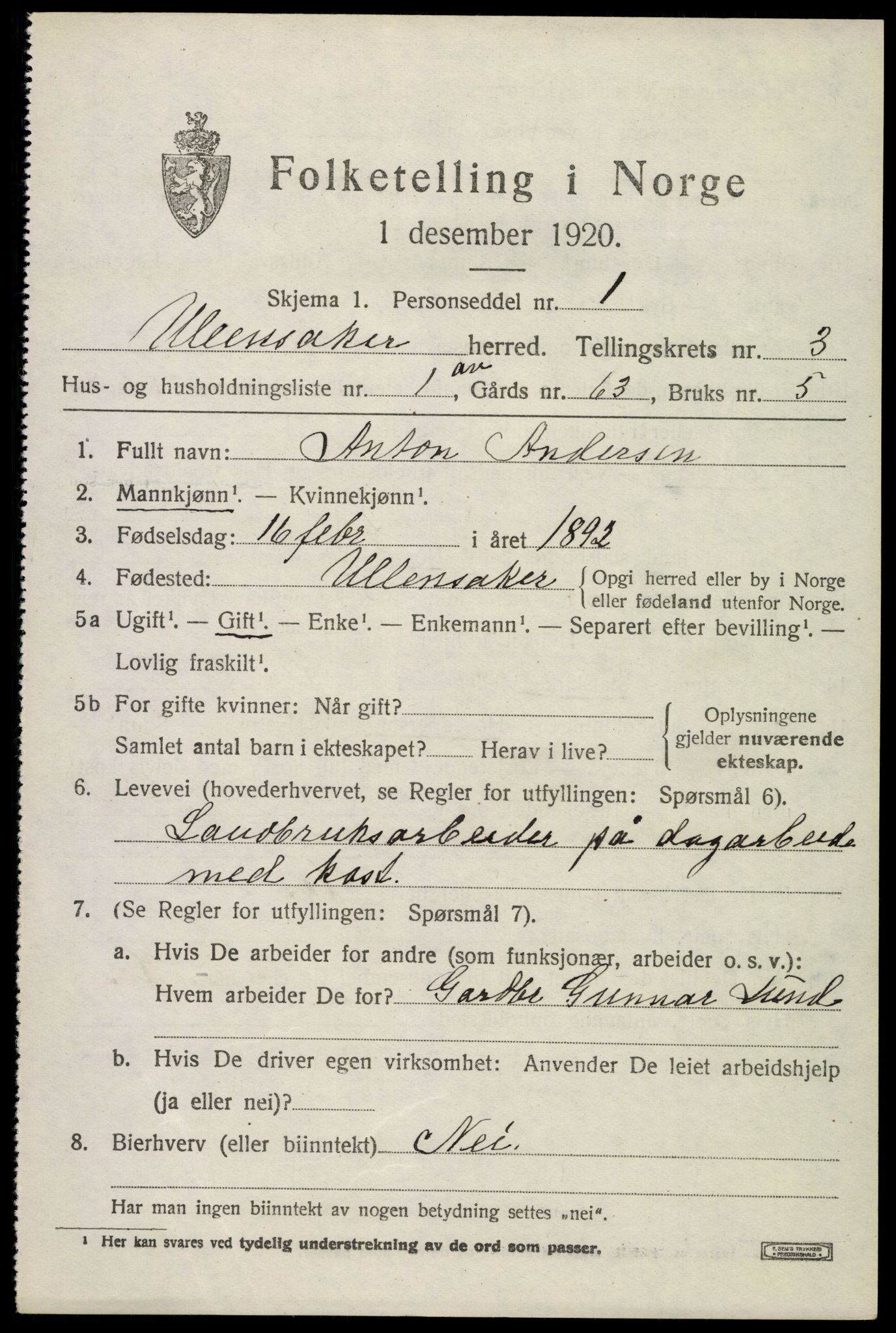 SAO, 1920 census for Ullensaker, 1920, p. 6163