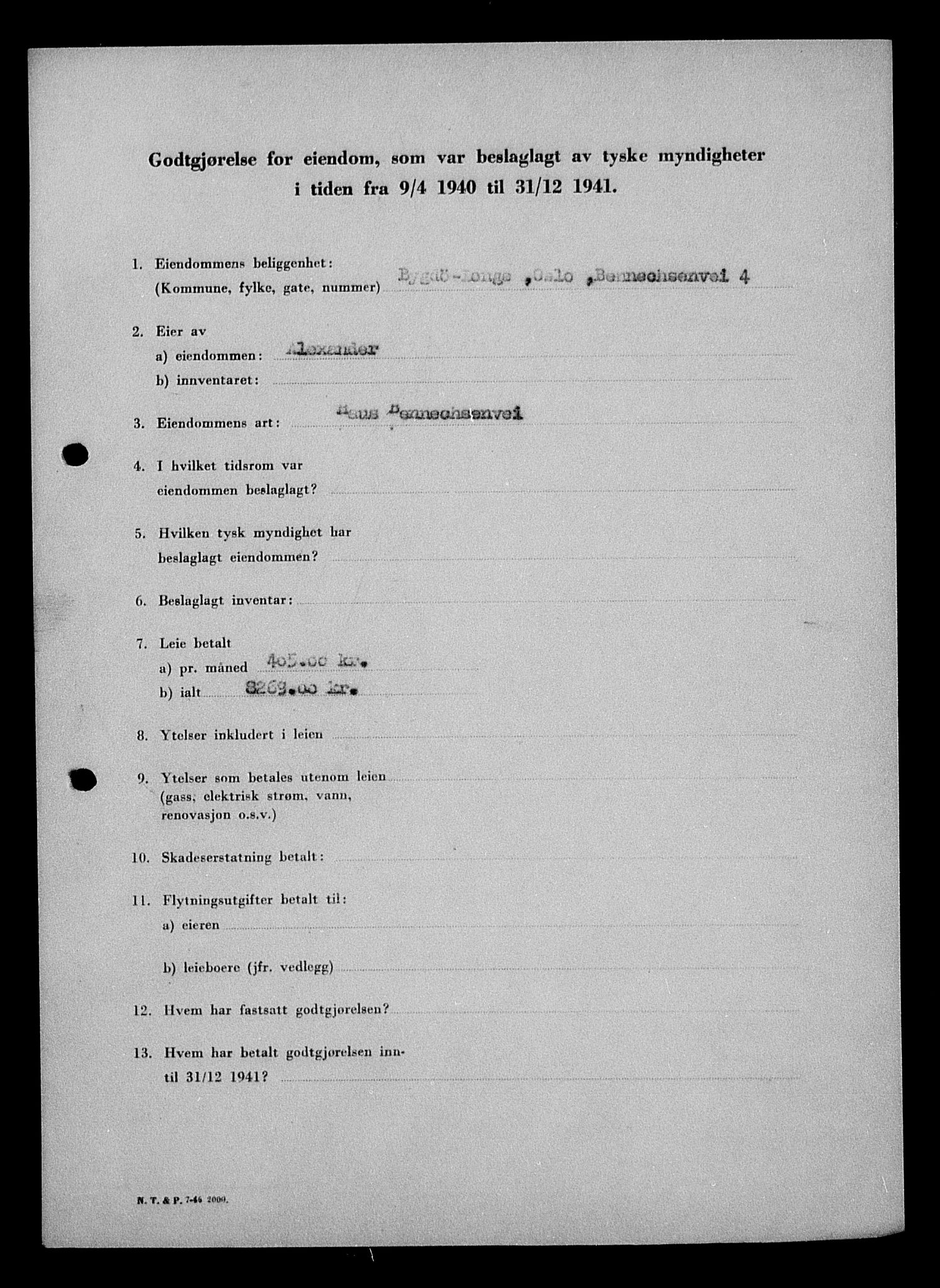 Justisdepartementet, Tilbakeføringskontoret for inndratte formuer, AV/RA-S-1564/I/L1010: Godtgjørelse for beslaglagt eiendom, 1940-1941, p. 310