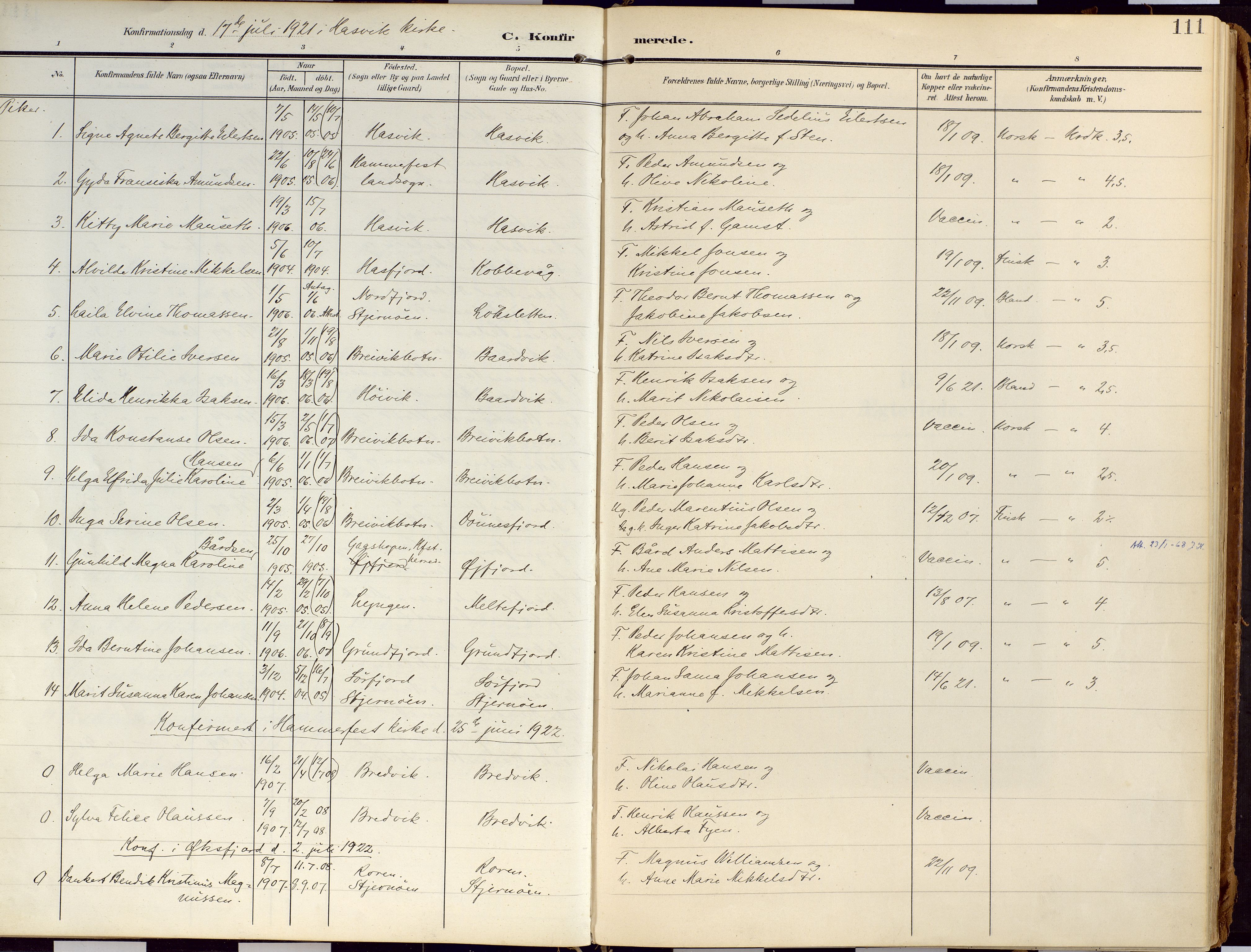 Loppa sokneprestkontor, SATØ/S-1339/H/Ha/L0010kirke: Parish register (official) no. 10, 1907-1922, p. 111