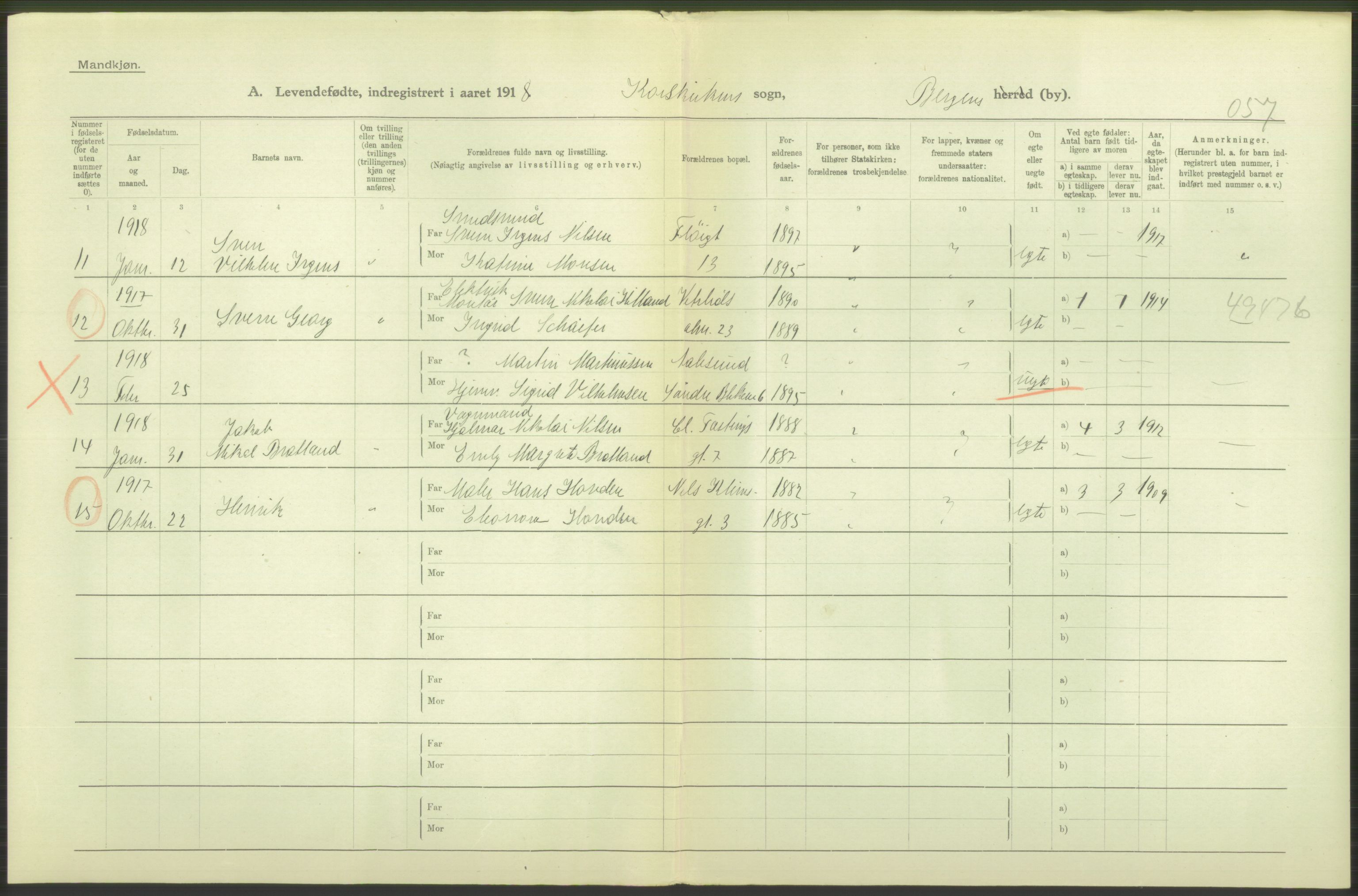 Statistisk sentralbyrå, Sosiodemografiske emner, Befolkning, AV/RA-S-2228/D/Df/Dfb/Dfbh/L0037: Bergen: Levendefødte menn og kvinner., 1918, p. 512