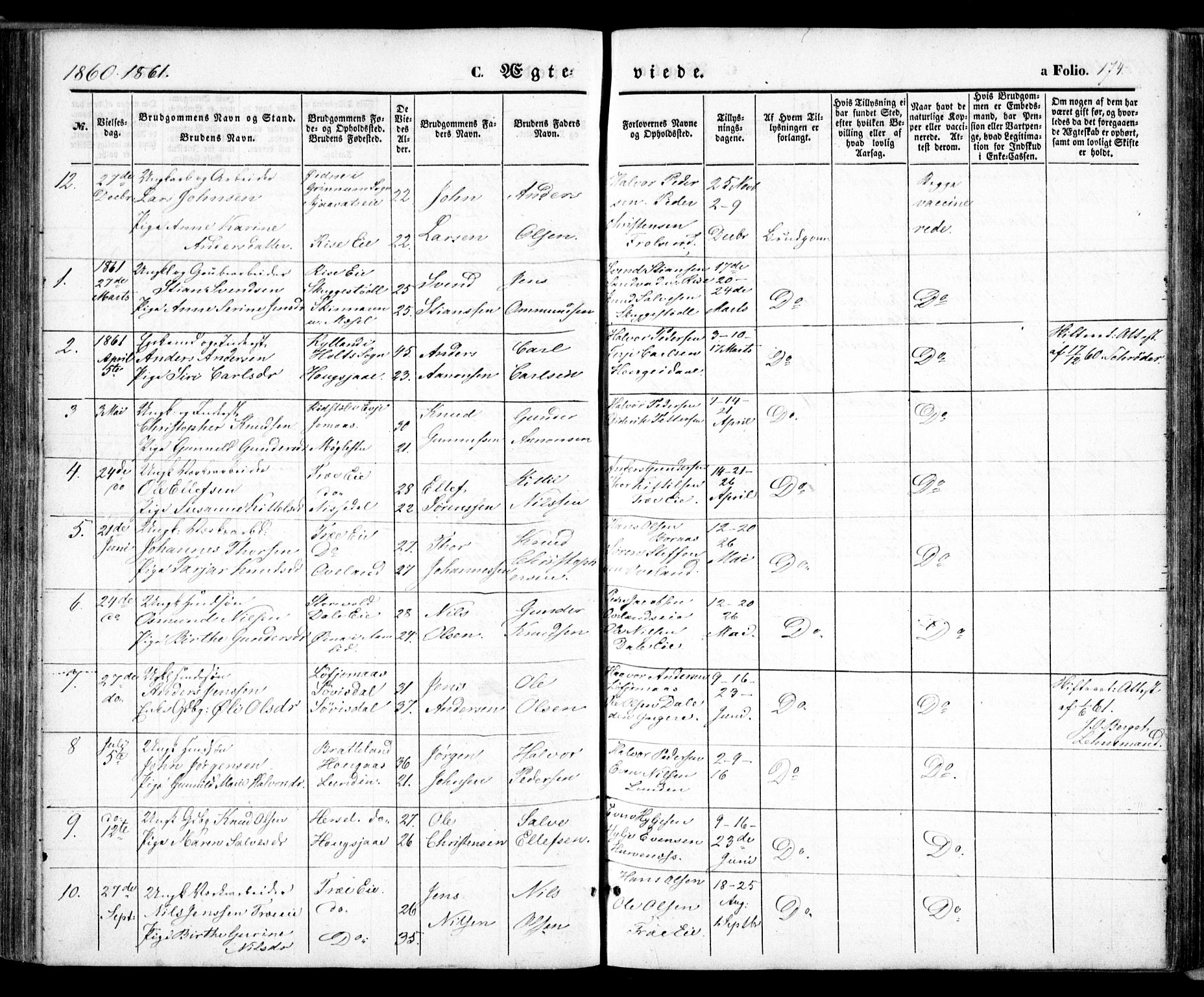 Froland sokneprestkontor, SAK/1111-0013/F/Fa/L0002: Parish register (official) no. A 2, 1845-1863, p. 174