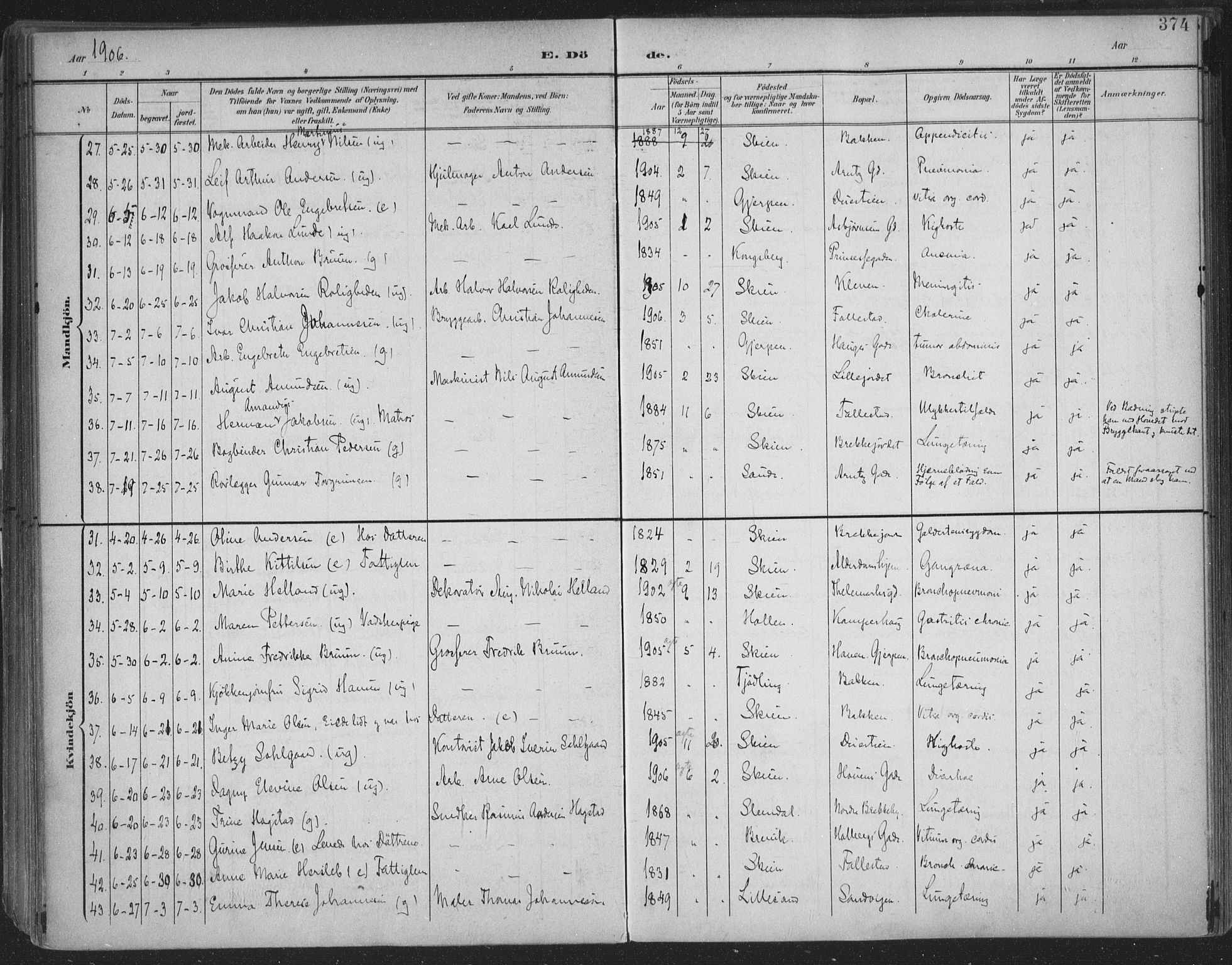 Skien kirkebøker, AV/SAKO-A-302/F/Fa/L0011: Parish register (official) no. 11, 1900-1907, p. 374