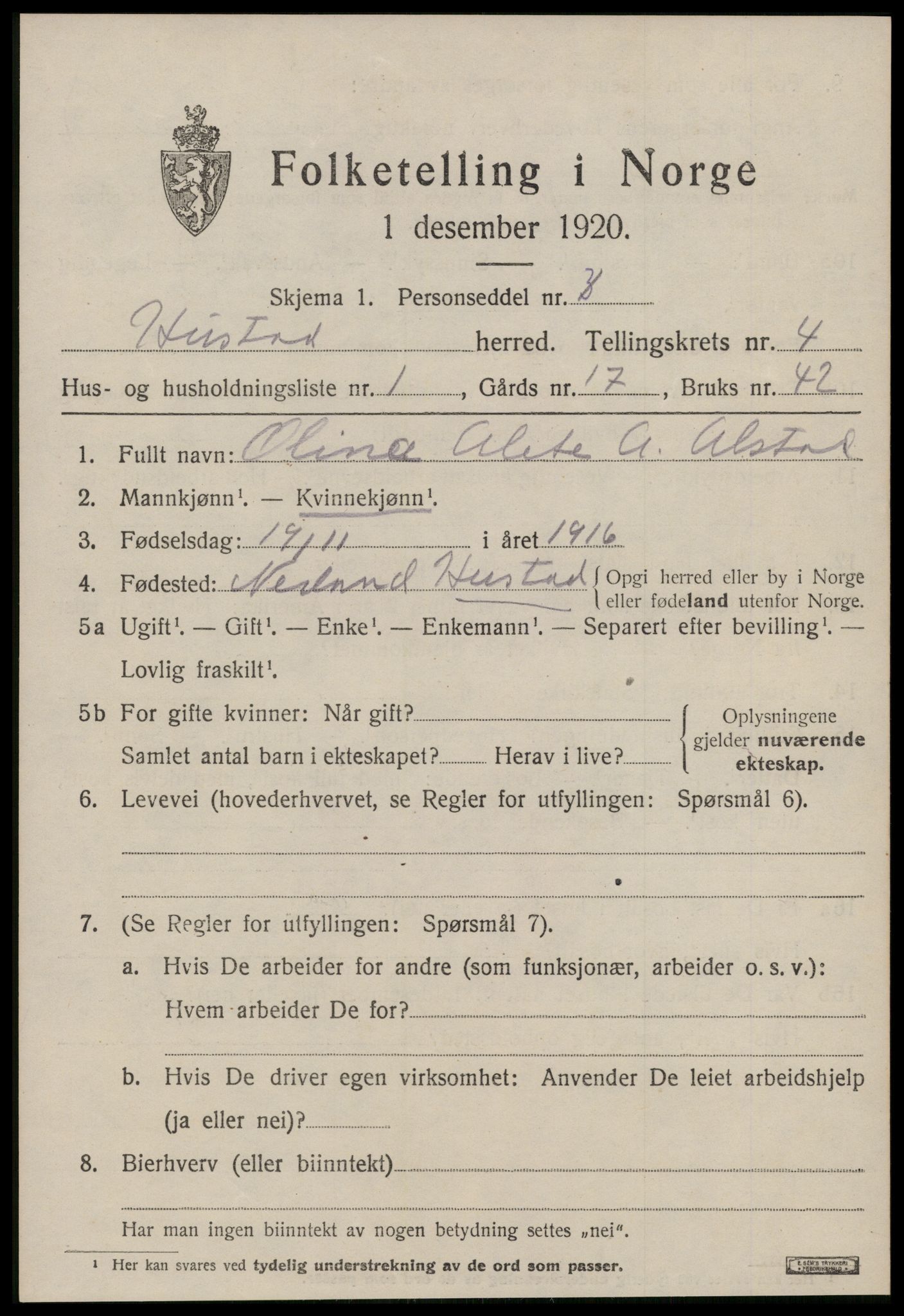 SAT, 1920 census for Hustad, 1920, p. 2951