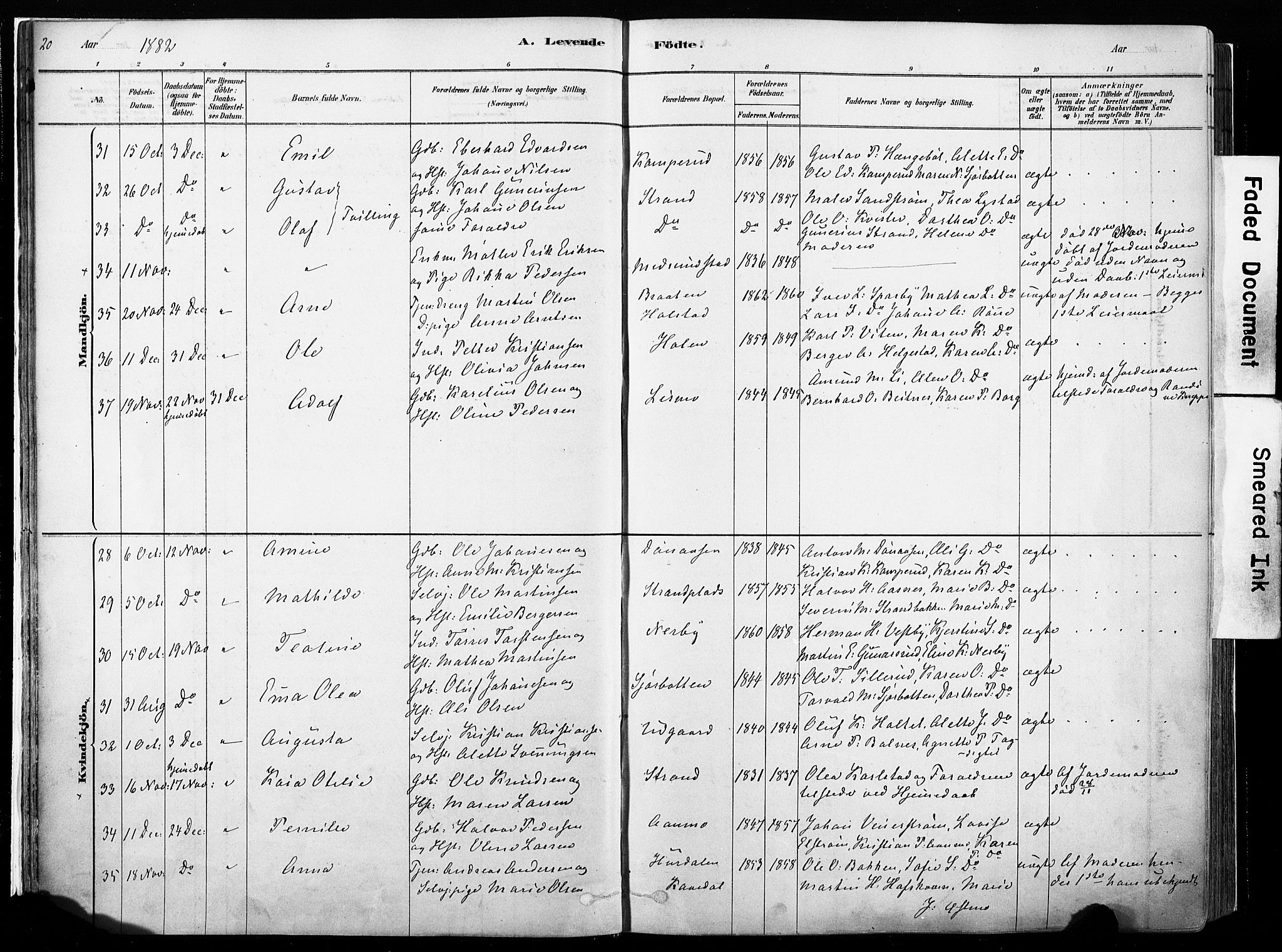 Hof prestekontor, AV/SAH-PREST-038/H/Ha/Haa/L0010: Parish register (official) no. 10, 1878-1909, p. 20