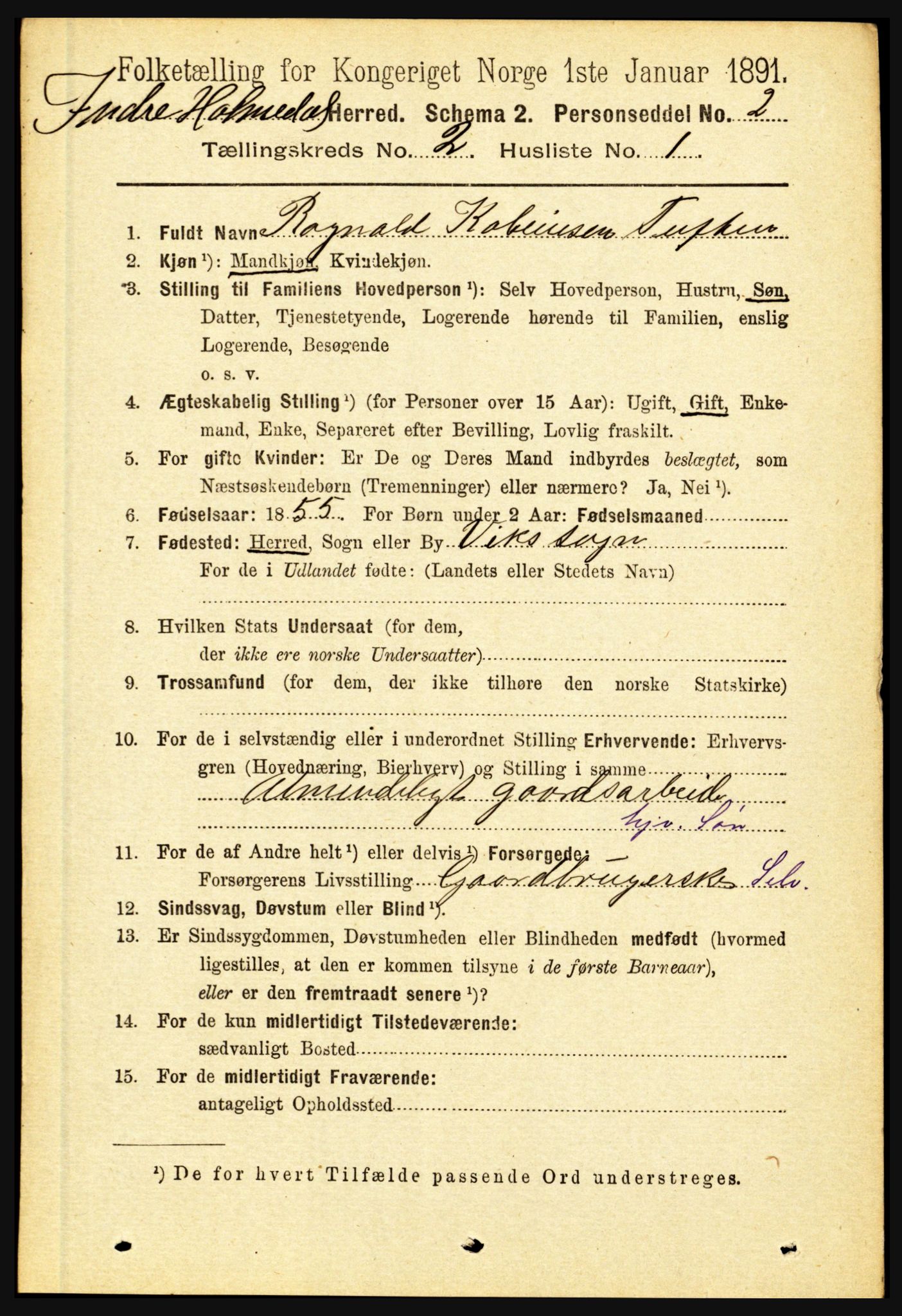 RA, 1891 census for 1430 Indre Holmedal, 1891, p. 458