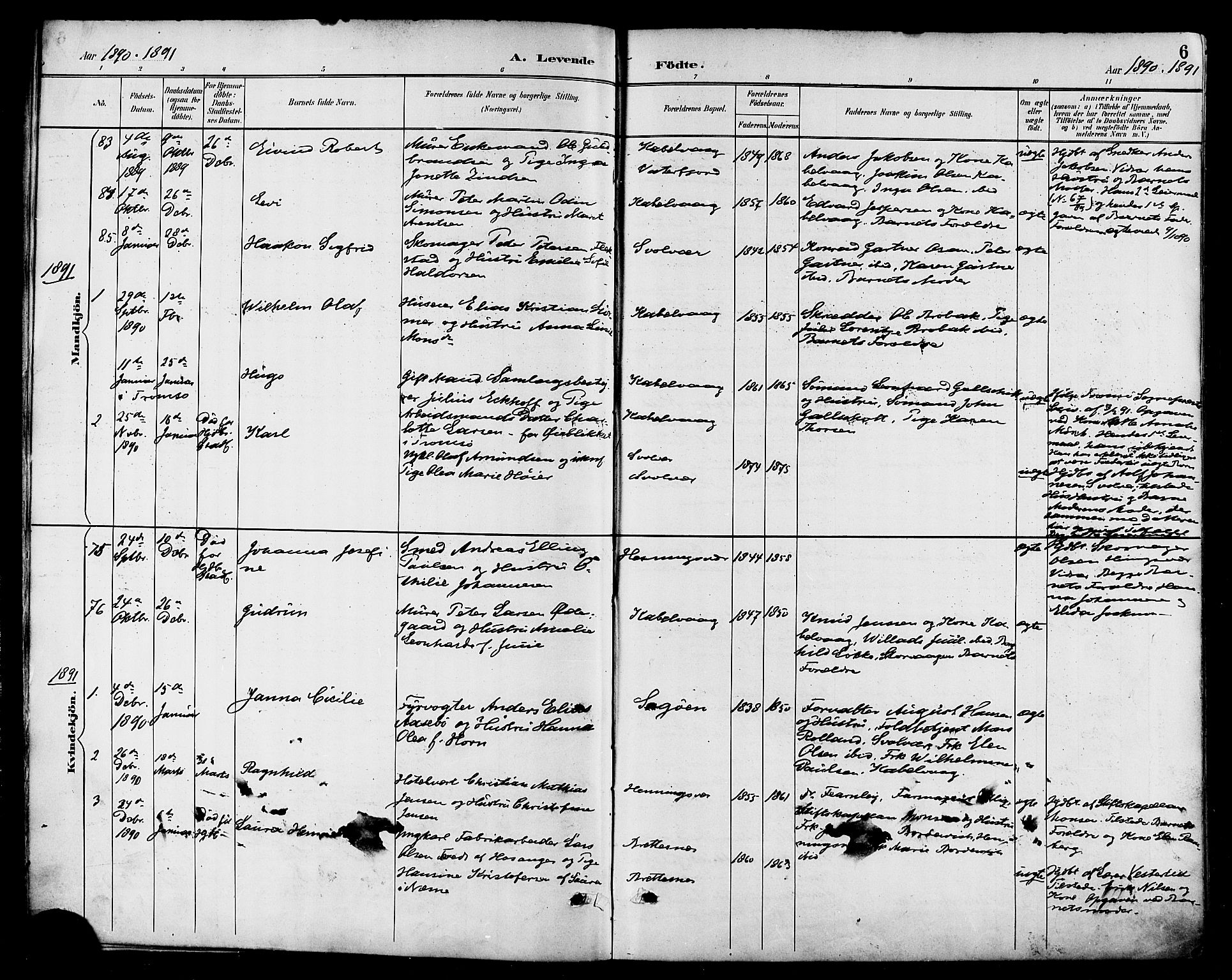 Ministerialprotokoller, klokkerbøker og fødselsregistre - Nordland, SAT/A-1459/874/L1060: Parish register (official) no. 874A04, 1890-1899, p. 6
