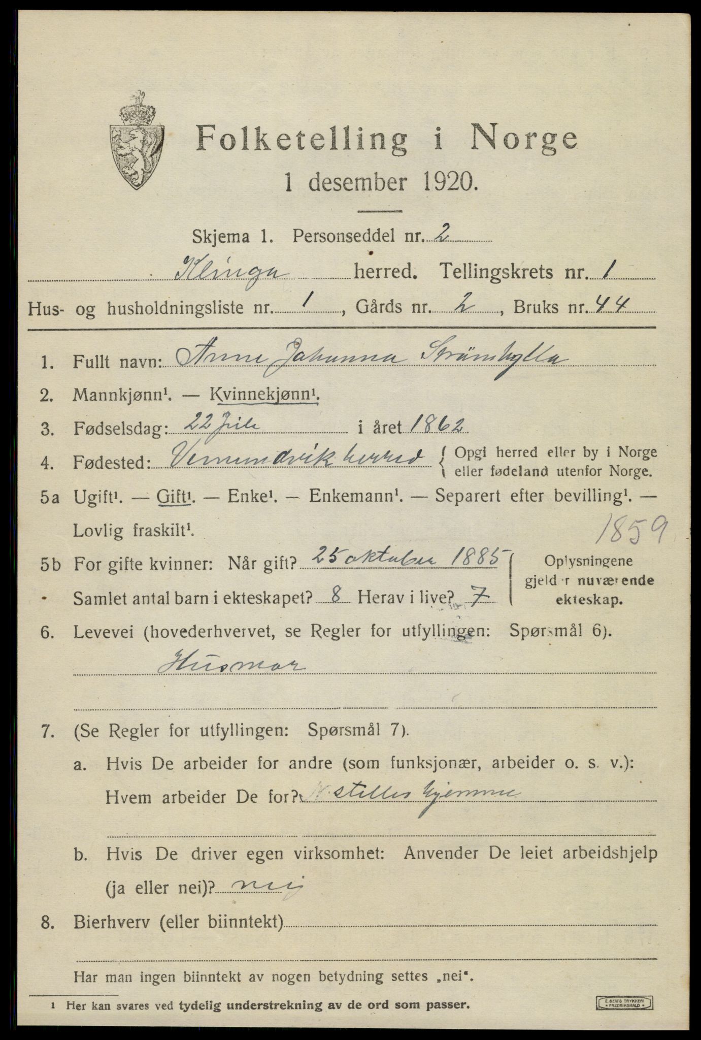 SAT, 1920 census for Klinga, 1920, p. 701