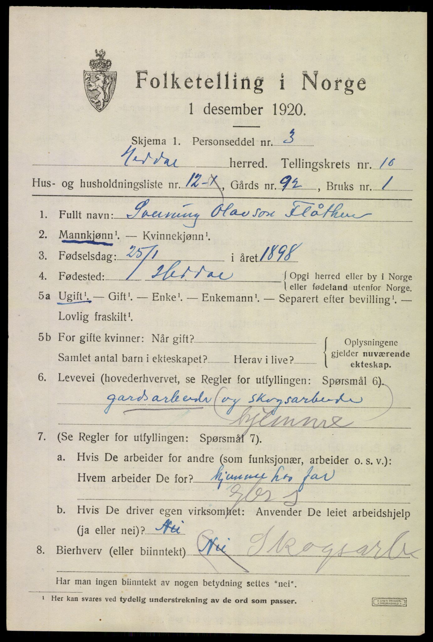 SAKO, 1920 census for Heddal, 1920, p. 7154