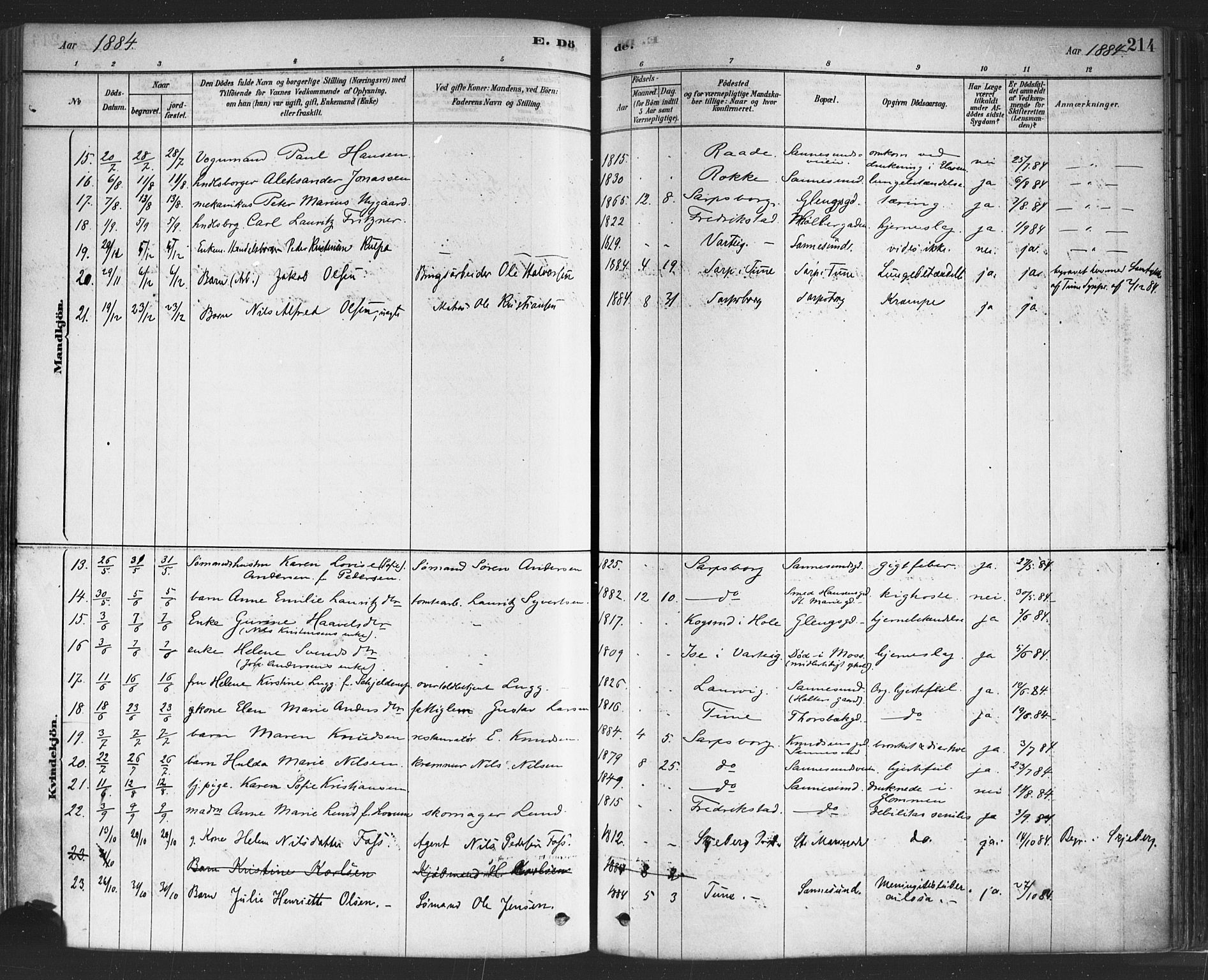 Sarpsborg prestekontor Kirkebøker, SAO/A-2006/F/Fa/L0003: Parish register (official) no. 3, 1878-1891, p. 214