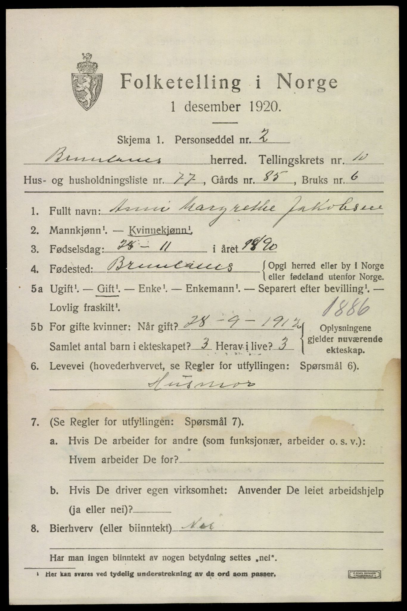 SAKO, 1920 census for Brunlanes, 1920, p. 9243