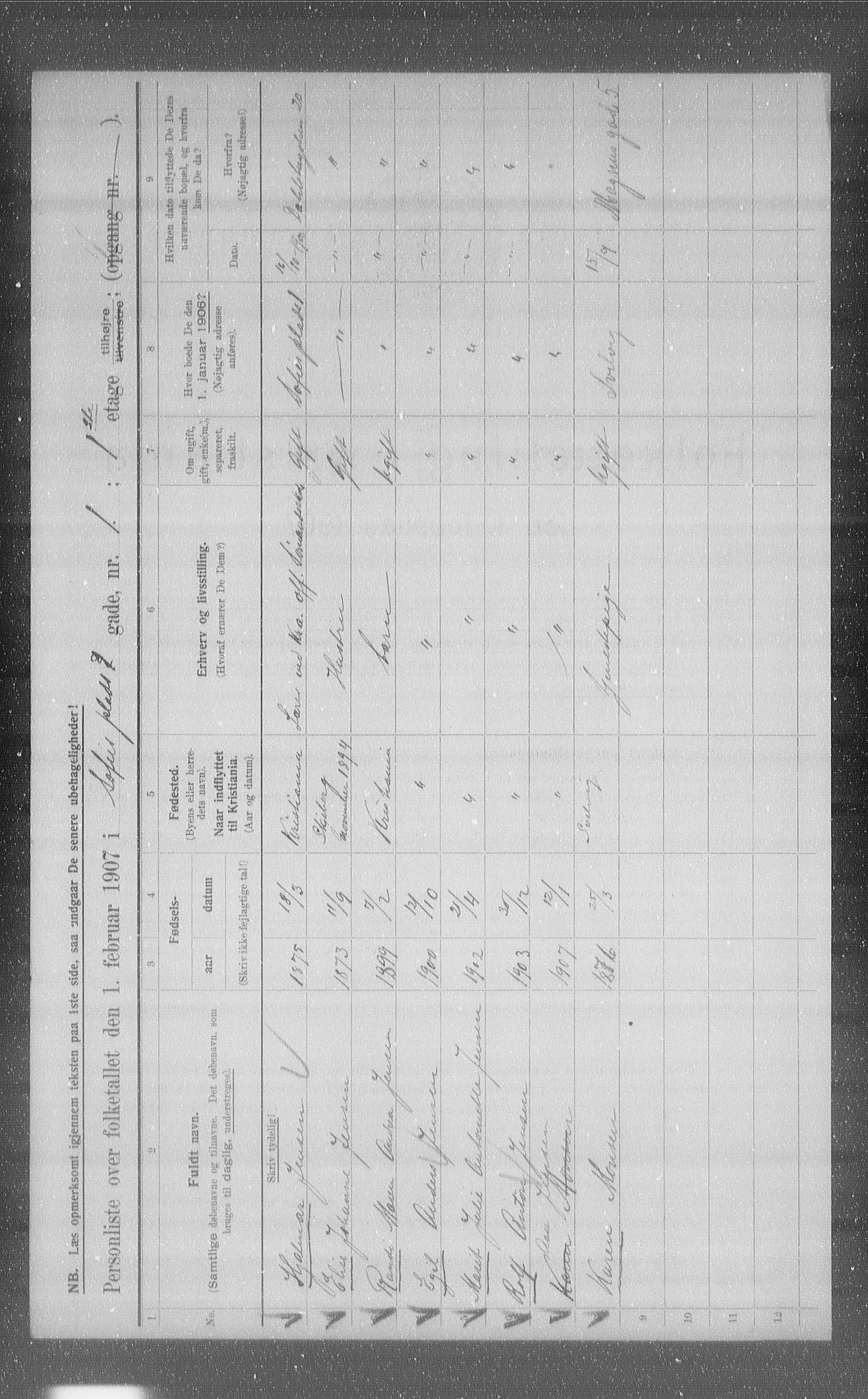 OBA, Municipal Census 1907 for Kristiania, 1907, p. 50749