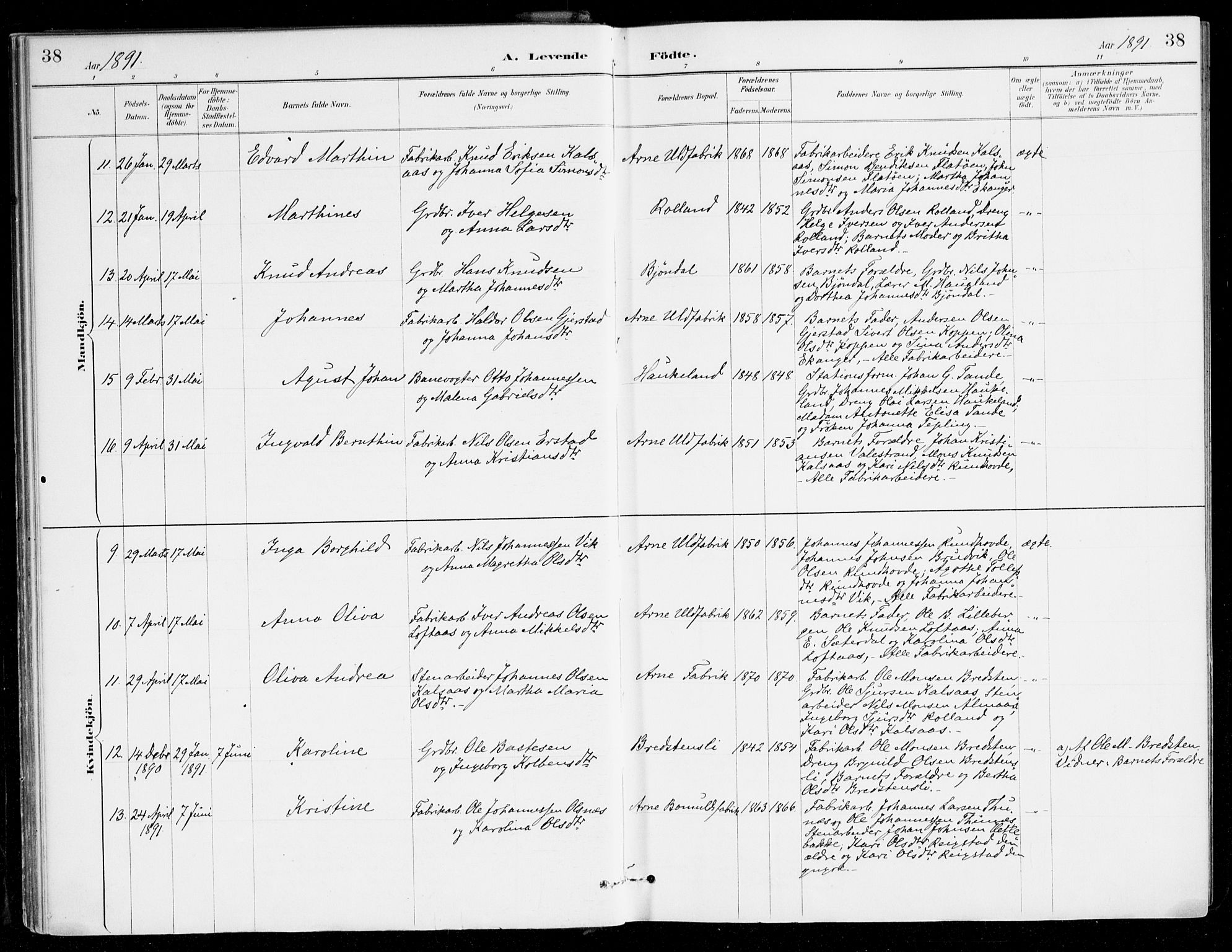 Haus sokneprestembete, AV/SAB-A-75601/H/Haa/Haad/L0001: Parish register (official) no. D 1, 1887-1898, p. 38