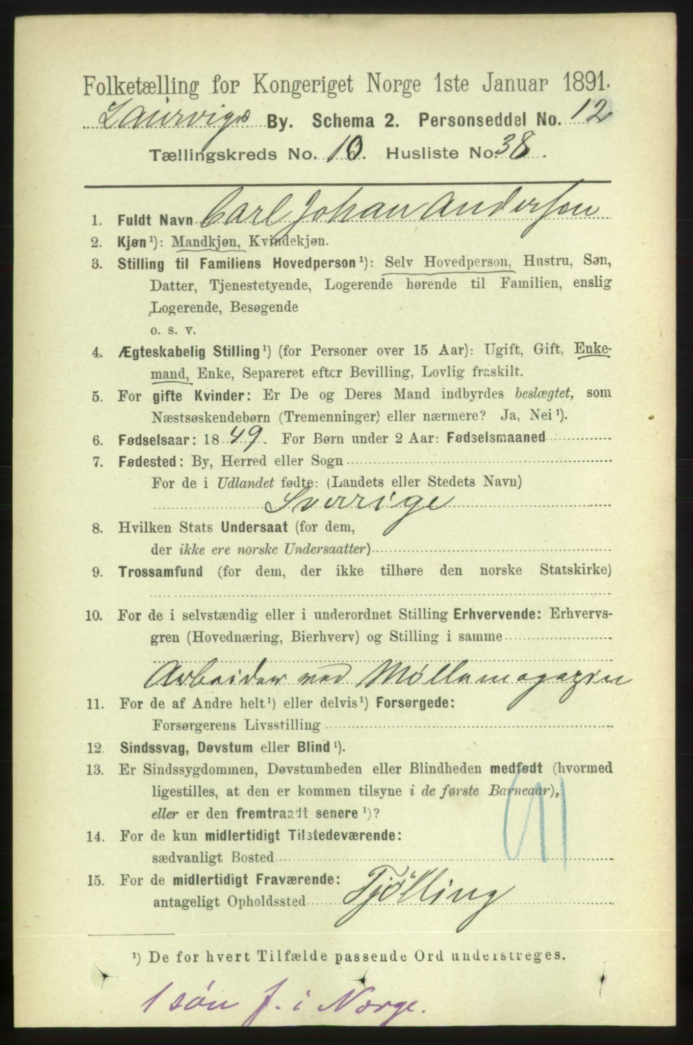 RA, 1891 census for 0707 Larvik, 1891, p. 9410