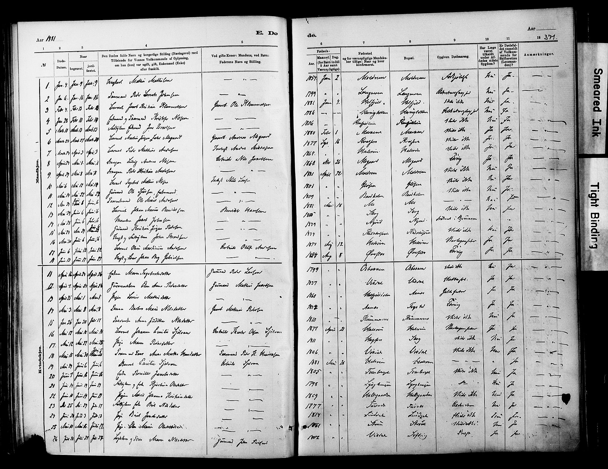 Ministerialprotokoller, klokkerbøker og fødselsregistre - Nordland, SAT/A-1459/820/L0295: Parish register (official) no. 820A16, 1880-1896, p. 371