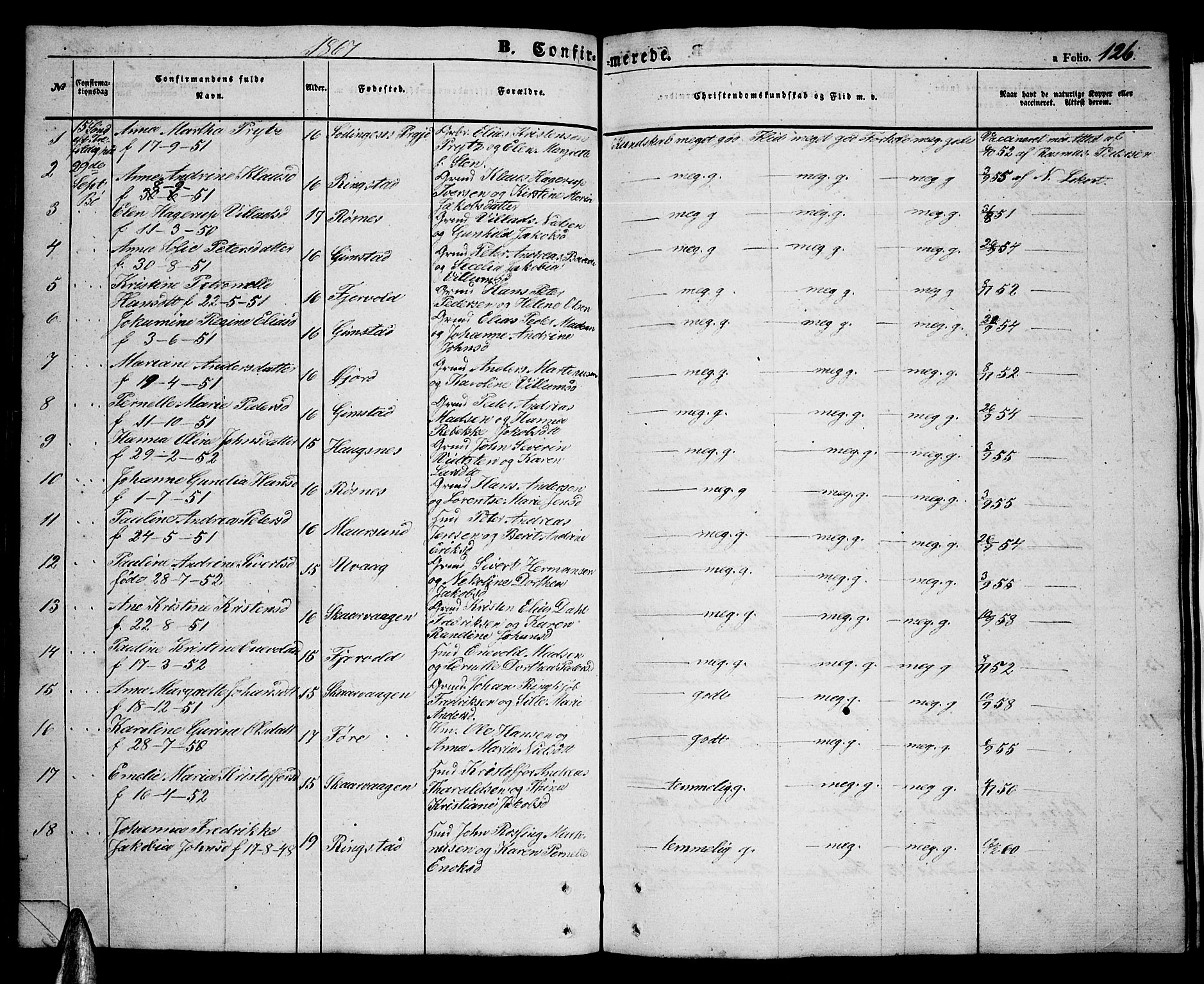 Ministerialprotokoller, klokkerbøker og fødselsregistre - Nordland, SAT/A-1459/891/L1313: Parish register (copy) no. 891C02, 1856-1870, p. 126
