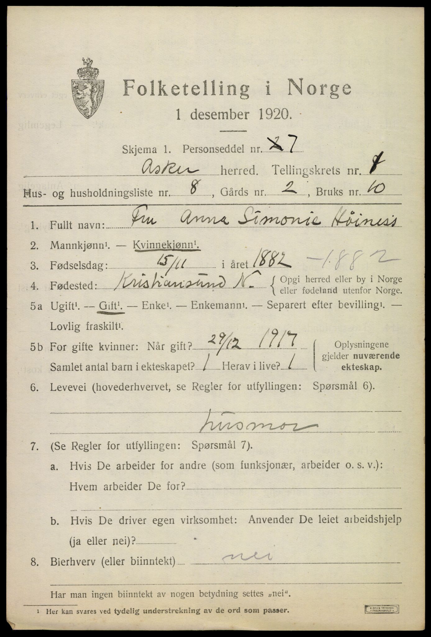 SAO, 1920 census for Asker, 1920, p. 2466