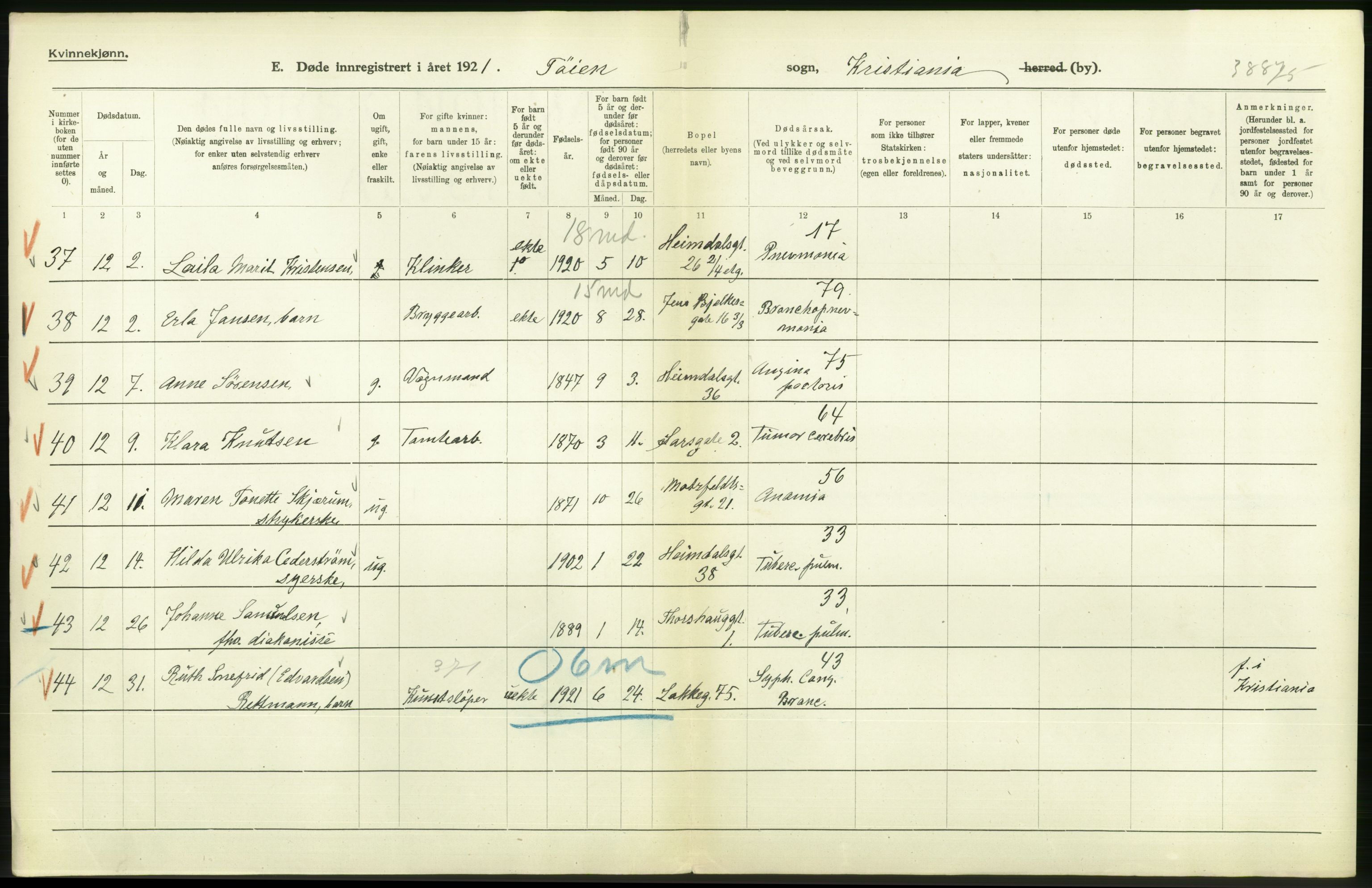 Statistisk sentralbyrå, Sosiodemografiske emner, Befolkning, AV/RA-S-2228/D/Df/Dfc/Dfca/L0013: Kristiania: Døde, dødfødte, 1921, p. 136