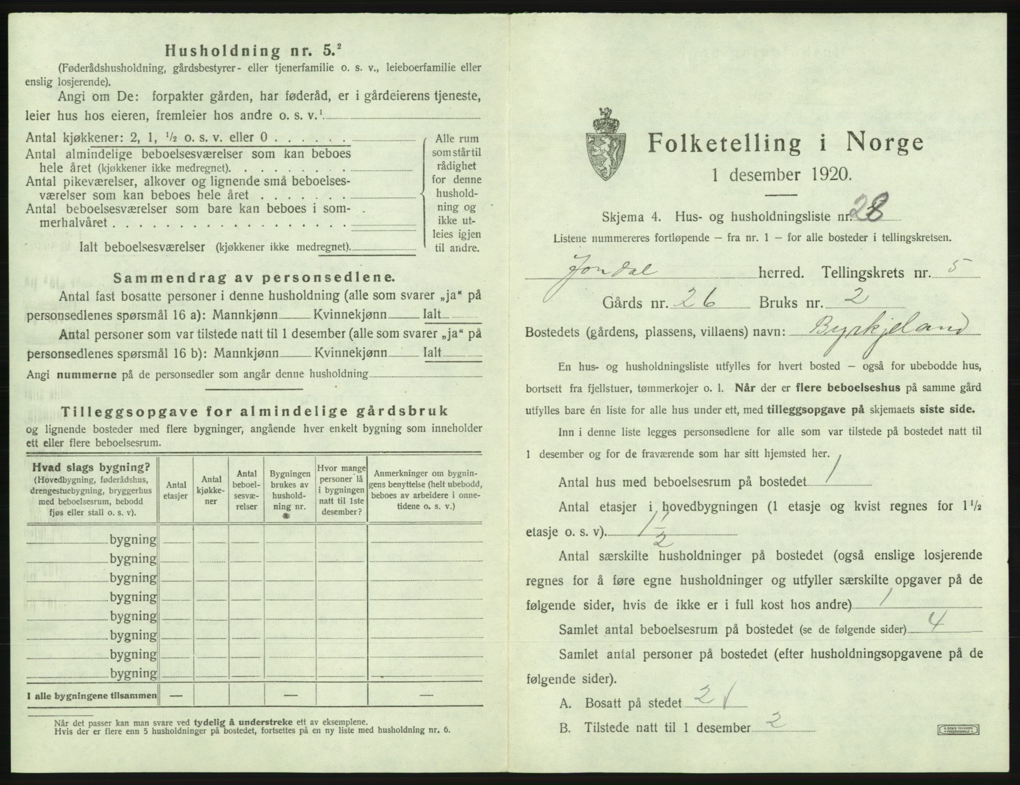 SAB, 1920 census for Jondal, 1920, p. 403