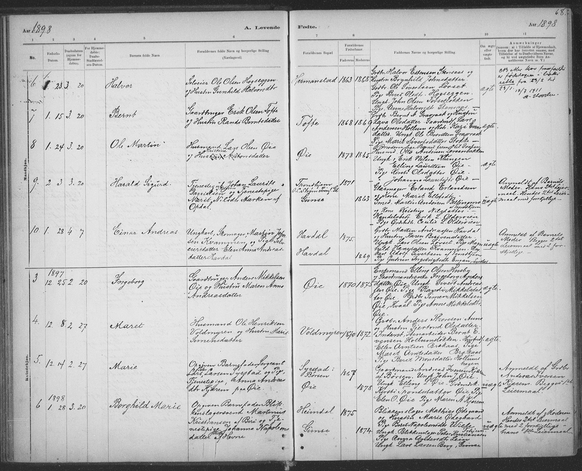 Ministerialprotokoller, klokkerbøker og fødselsregistre - Sør-Trøndelag, AV/SAT-A-1456/691/L1085: Parish register (official) no. 691A17, 1887-1908, p. 68