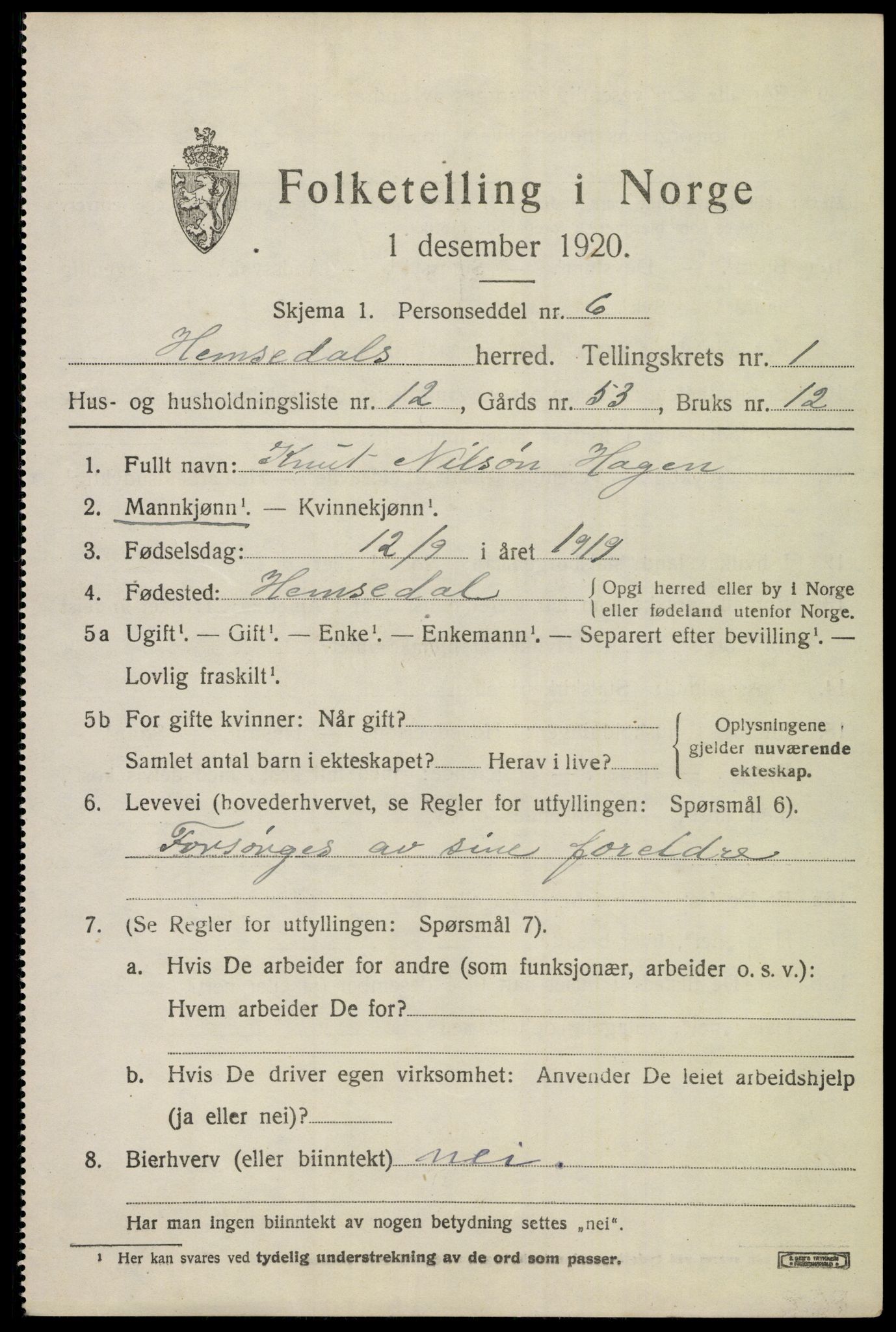 SAKO, 1920 census for Hemsedal, 1920, p. 684