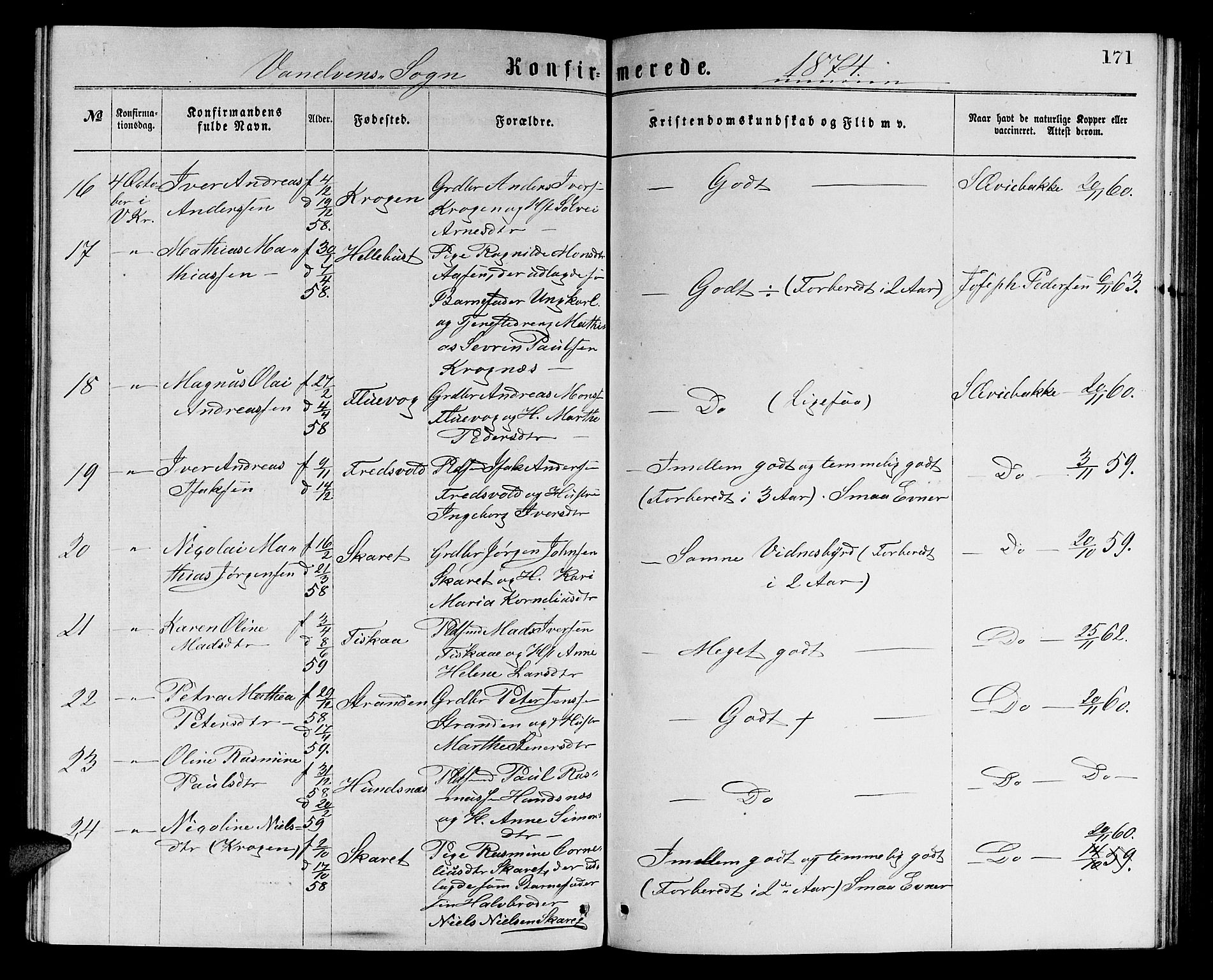 Ministerialprotokoller, klokkerbøker og fødselsregistre - Møre og Romsdal, SAT/A-1454/501/L0016: Parish register (copy) no. 501C02, 1868-1884, p. 171
