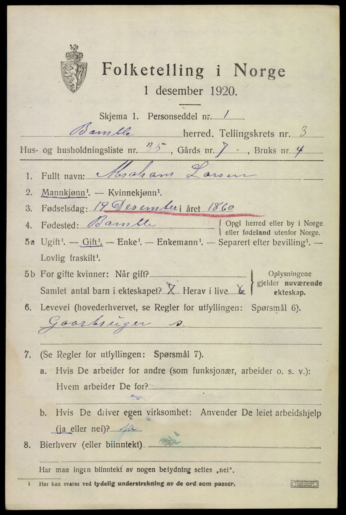 SAKO, 1920 census for Bamble, 1920, p. 4175