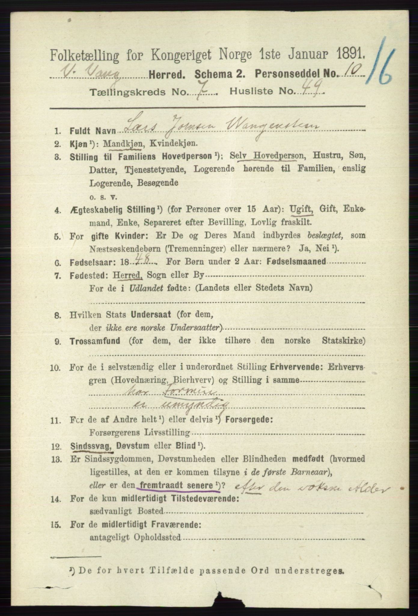 RA, 1891 census for 0545 Vang, 1891, p. 1718