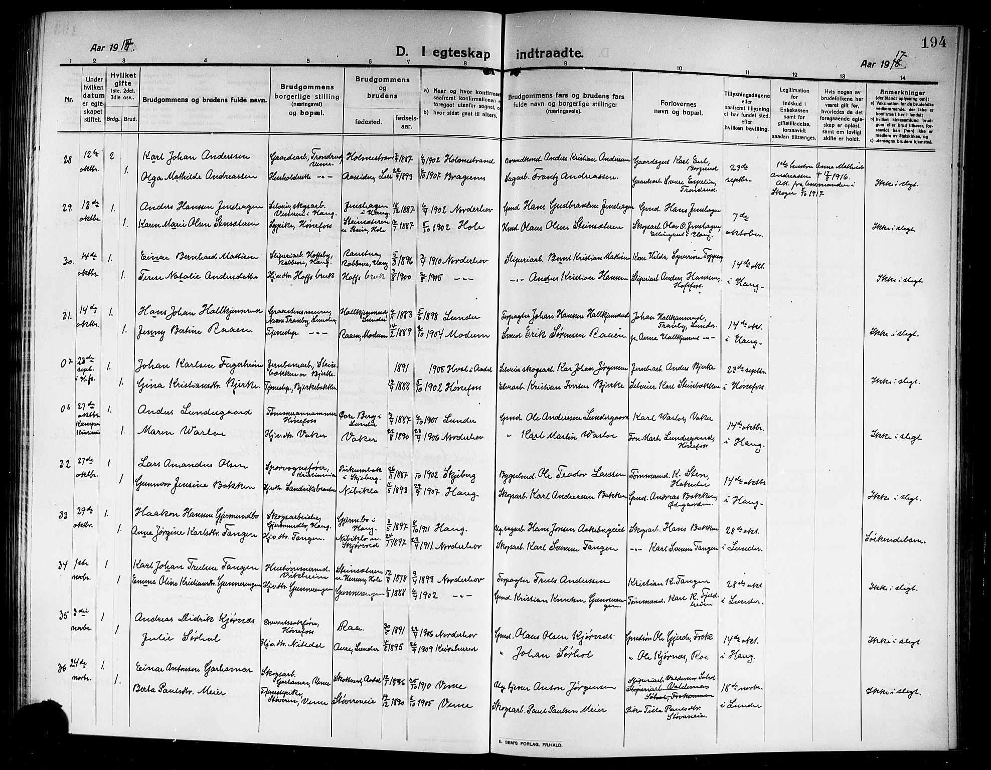 Norderhov kirkebøker, AV/SAKO-A-237/G/Ga/L0009: Parish register (copy) no. I 9, 1913-1920, p. 194