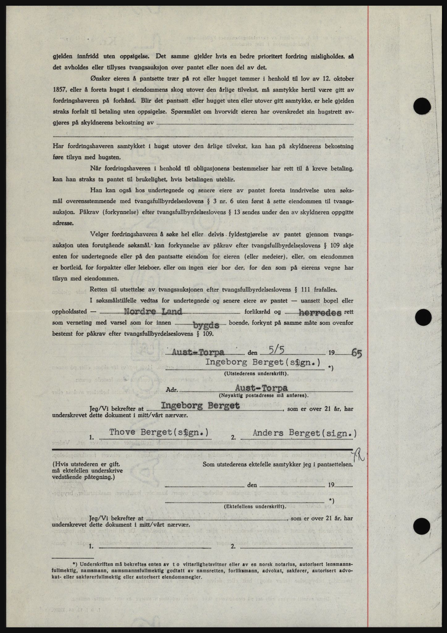 Hadeland og Land tingrett, AV/SAH-TING-010/H/Hb/Hbc/L0058: Mortgage book no. B58, 1965-1965, Diary no: : 2337/1965